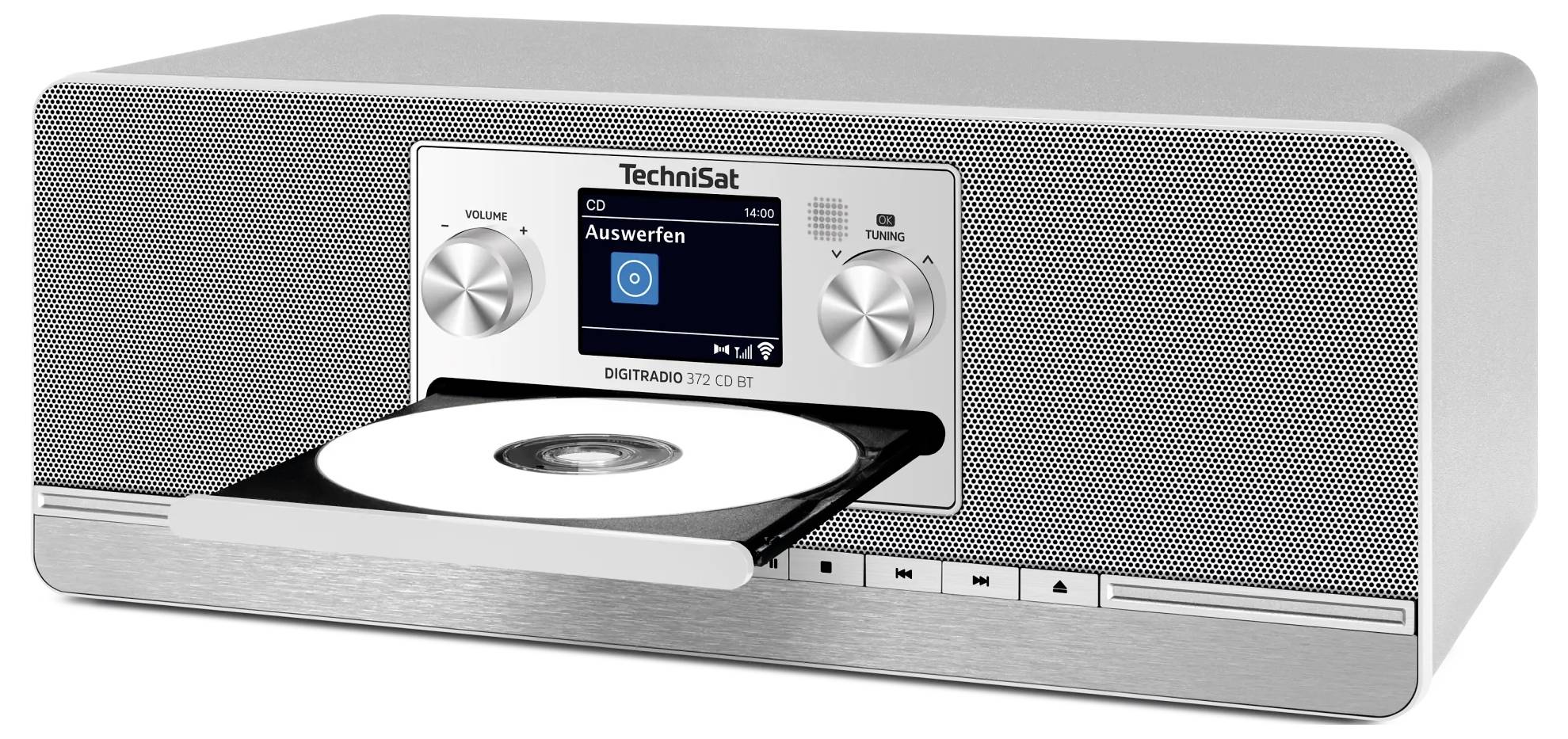 Stříbrné stolní CD rádio TechniSat s diskem částečně vysunutým z přední spáry a malým centrálním displejem zobrazujícím ovládací prvky přehrávání.