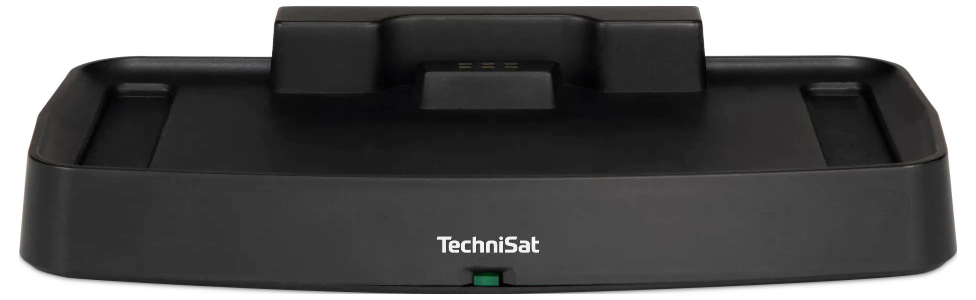 Černá dokovací základna nebo nabíjecí stanice TechniSat se zvednutou platformou konektoru a bílým logem TechniSat na přední straně.
