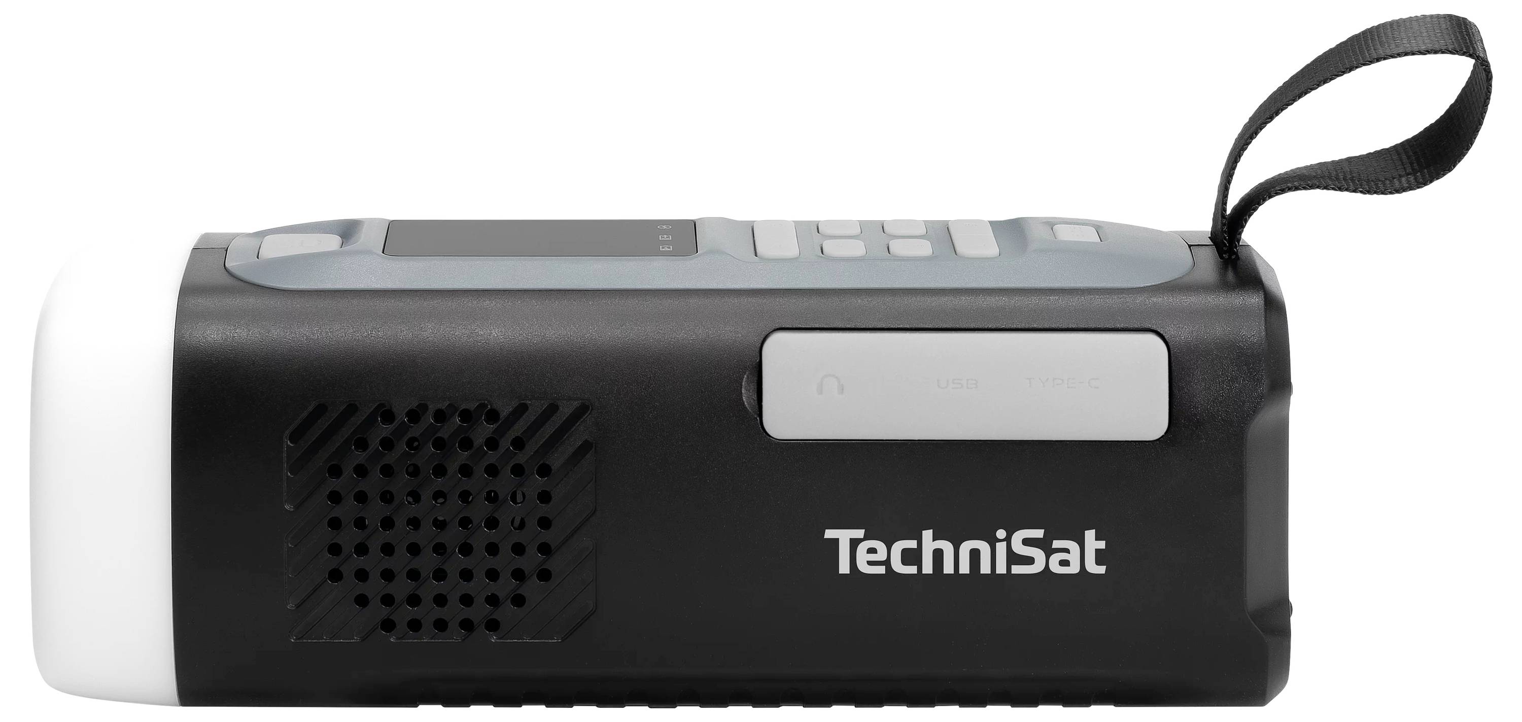 Přenosný radioreproduktor TechniSat s rukojetí a bočním ovládacím panelem, zobrazený v bočním pohledu na bílém pozadí.