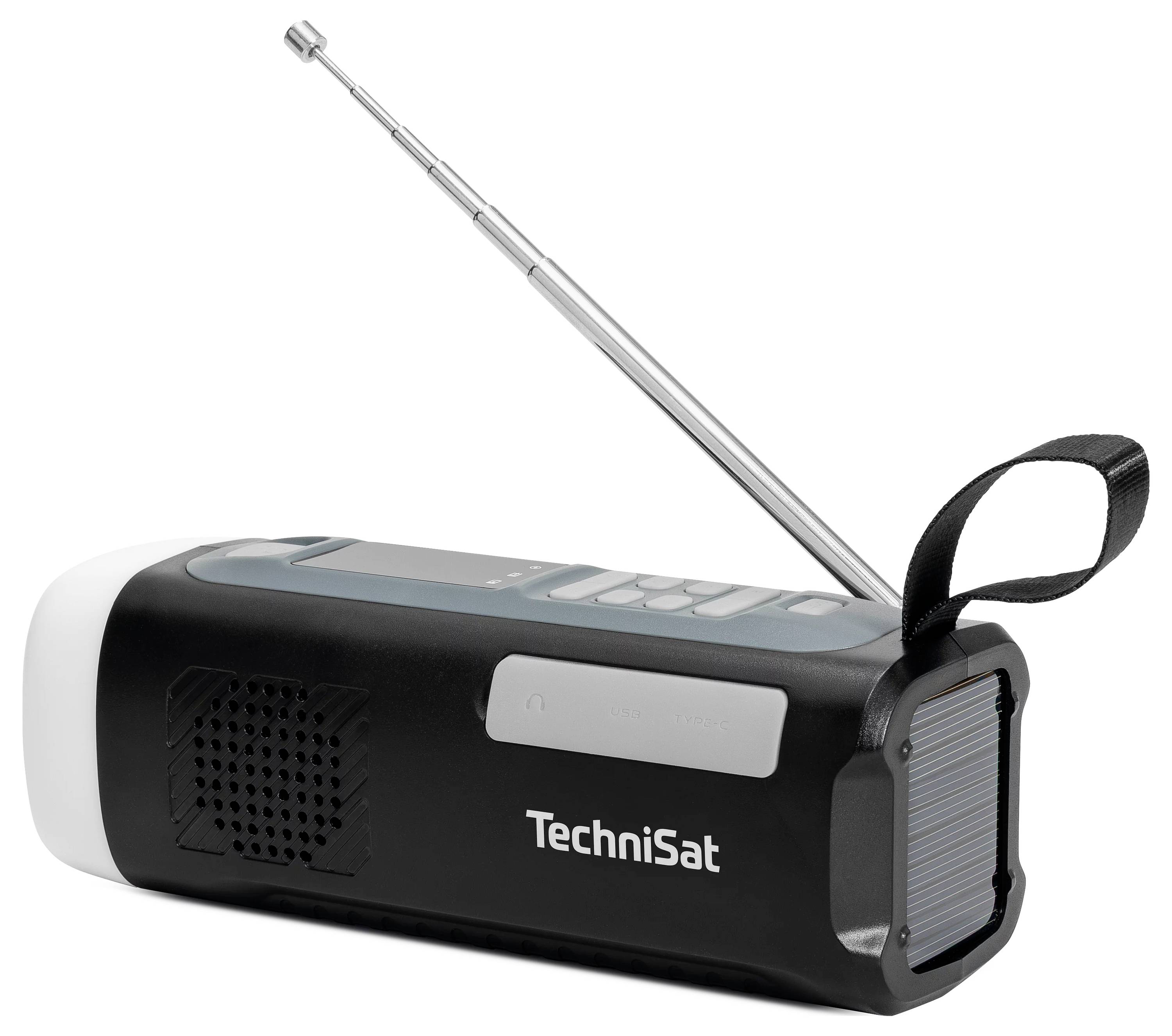 Přenosné rádio TechniSat s výsuvnou anténou, mřížkou reproduktoru, tlačítky ovládání a páskem na zápěstí na bílém pozadí.