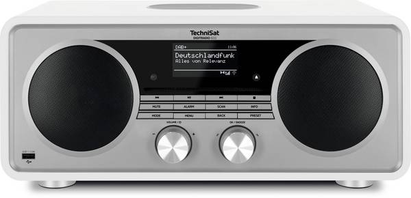 TechniSat DIGITRADIO 602, weiß/silber 0001/3987 rádio CD, DAB+, FM, AUX, Bluetooth, CD, DAB+, internet, MP3, FM, USB, Wi-Fi, vč. dálkového ovládání, bezdrátové nabíjení, funkce nabíjení Qi aku , Spotify, funkce alarmu, stříbrná, bílá