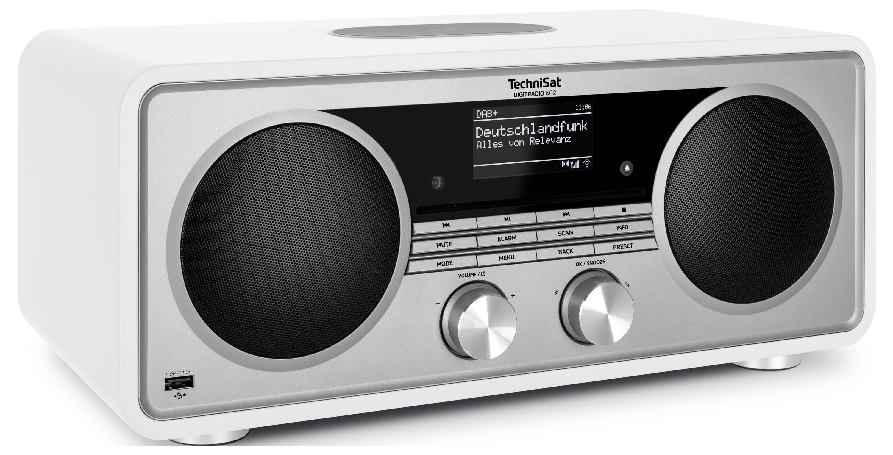 Stříbrné stacionární rádio Technisat se dvěma velkými reproduktory, centrálním digitálním displejem a dvěma ovládacími knoflíky.
