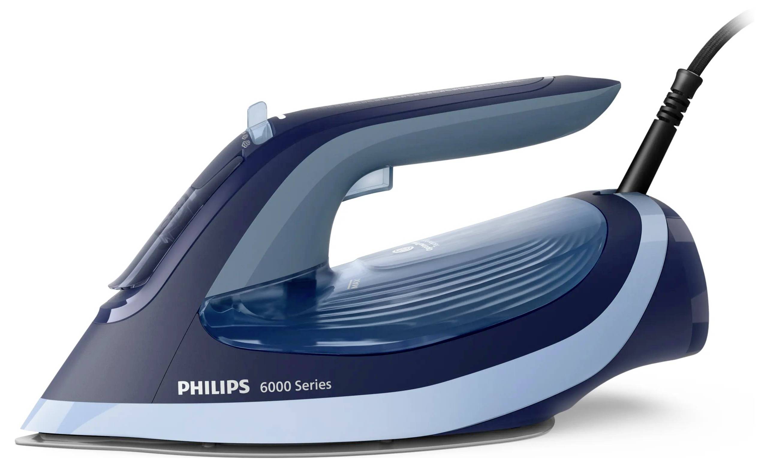 Modrá parní žehlička Philips řady 6000 s přívodem na bílém pozadí, zobrazena v bočním pohledu.