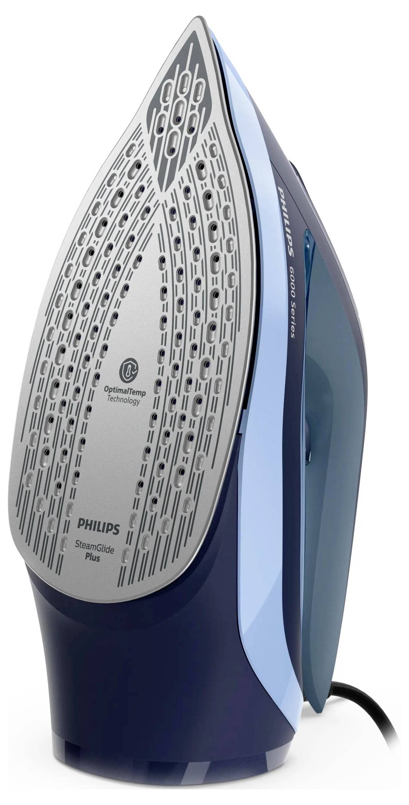 Modrá a bílá Philips SteamGlide Plus parní žehlička zobrazená ve vzpřímeném stavu na bílém pozadí, viditelná podrážka a silový kabel.