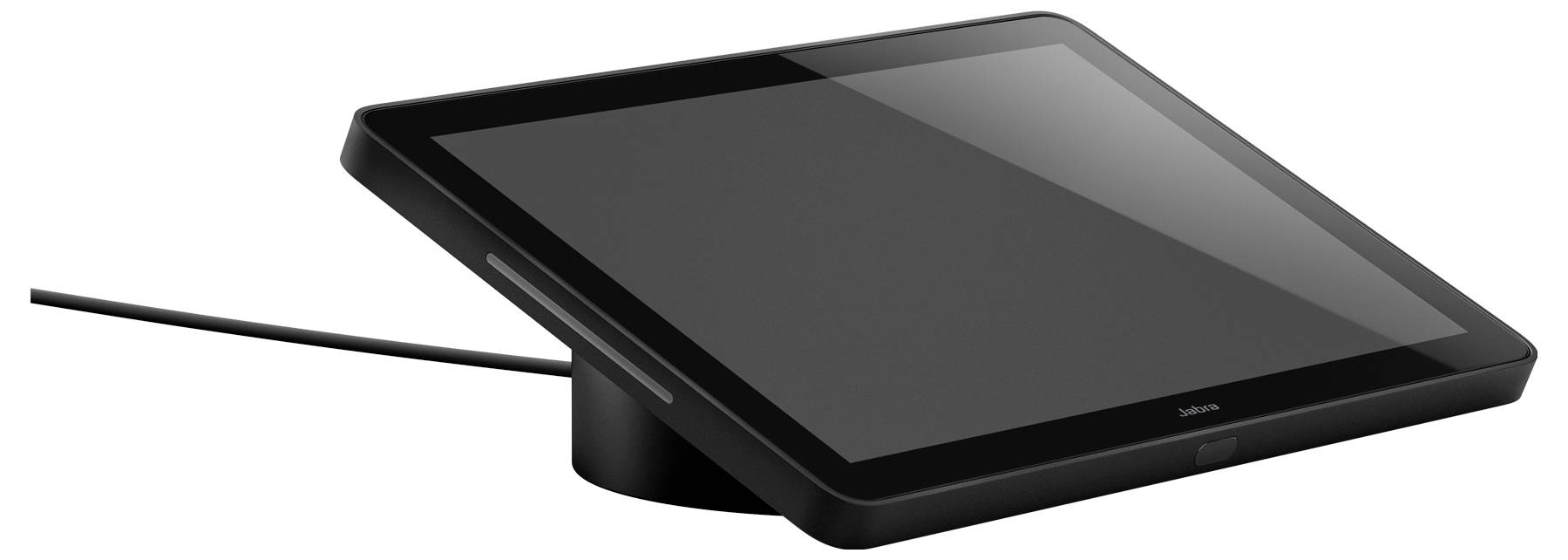 Černý tablet s dotykovou obrazovkou na nakloněném stojanu s perem nebo kabelem vycházejícím z levé strany.