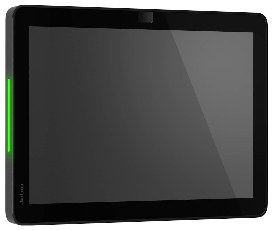 Černý tablet Jabra nebo dotykové zařízení se zeleným osvětleným bočním světlem a prázdnou tmavou obrazovkou.