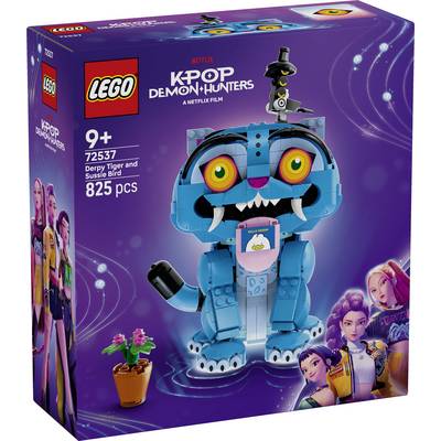 Sada LEGO KPop Demon Hunters na krabici s modrým tygrem Derpy a Sussie Bird; 825 dílků, věk 9+, sada 72537.