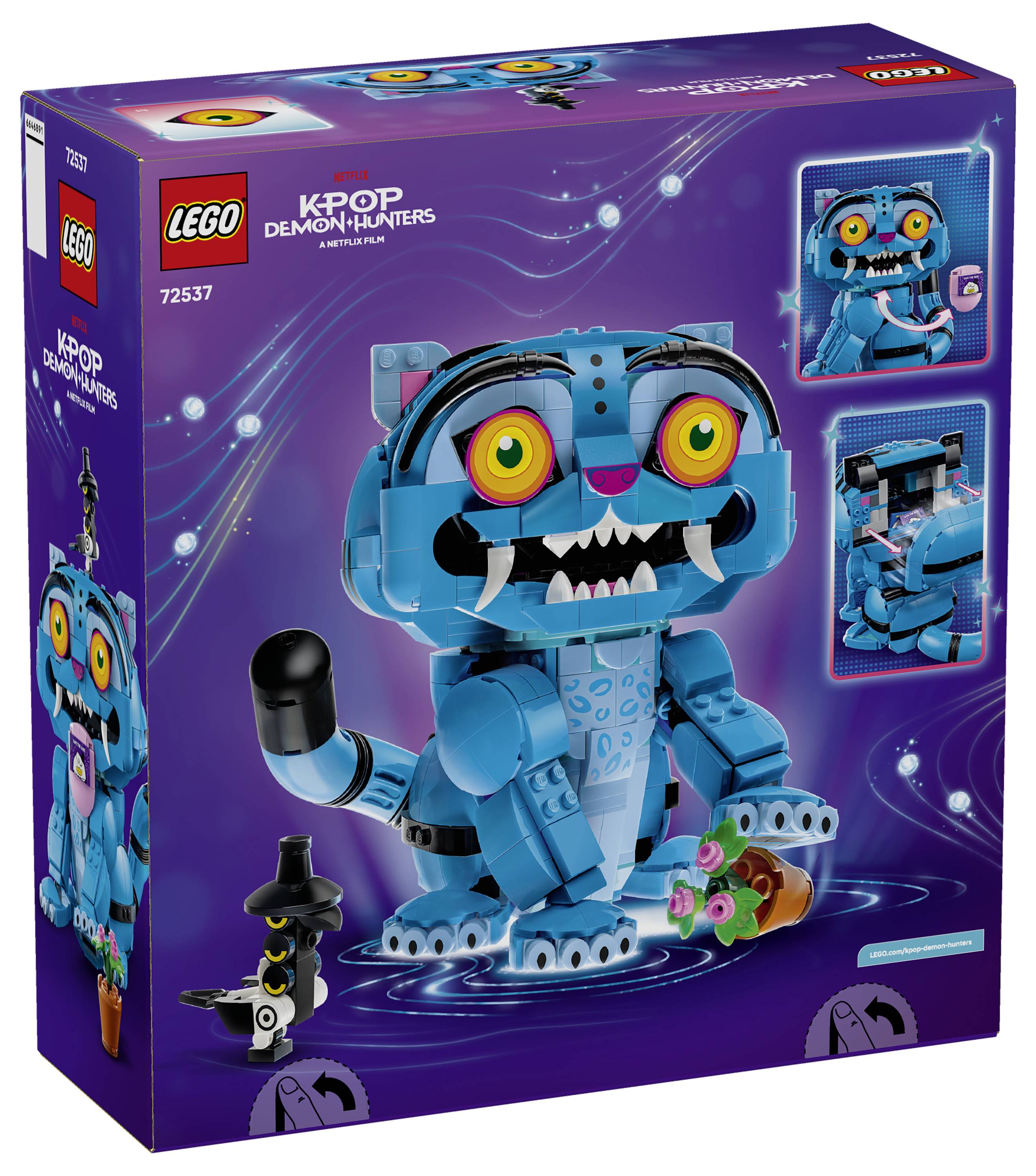 LEGO „KPop Demon Hunters" krabice zobrazující postavu modrého démona postavenou z kostek s velkýma žlutýma očima, špičáky a příslušenstvím na fialovém pozadí.