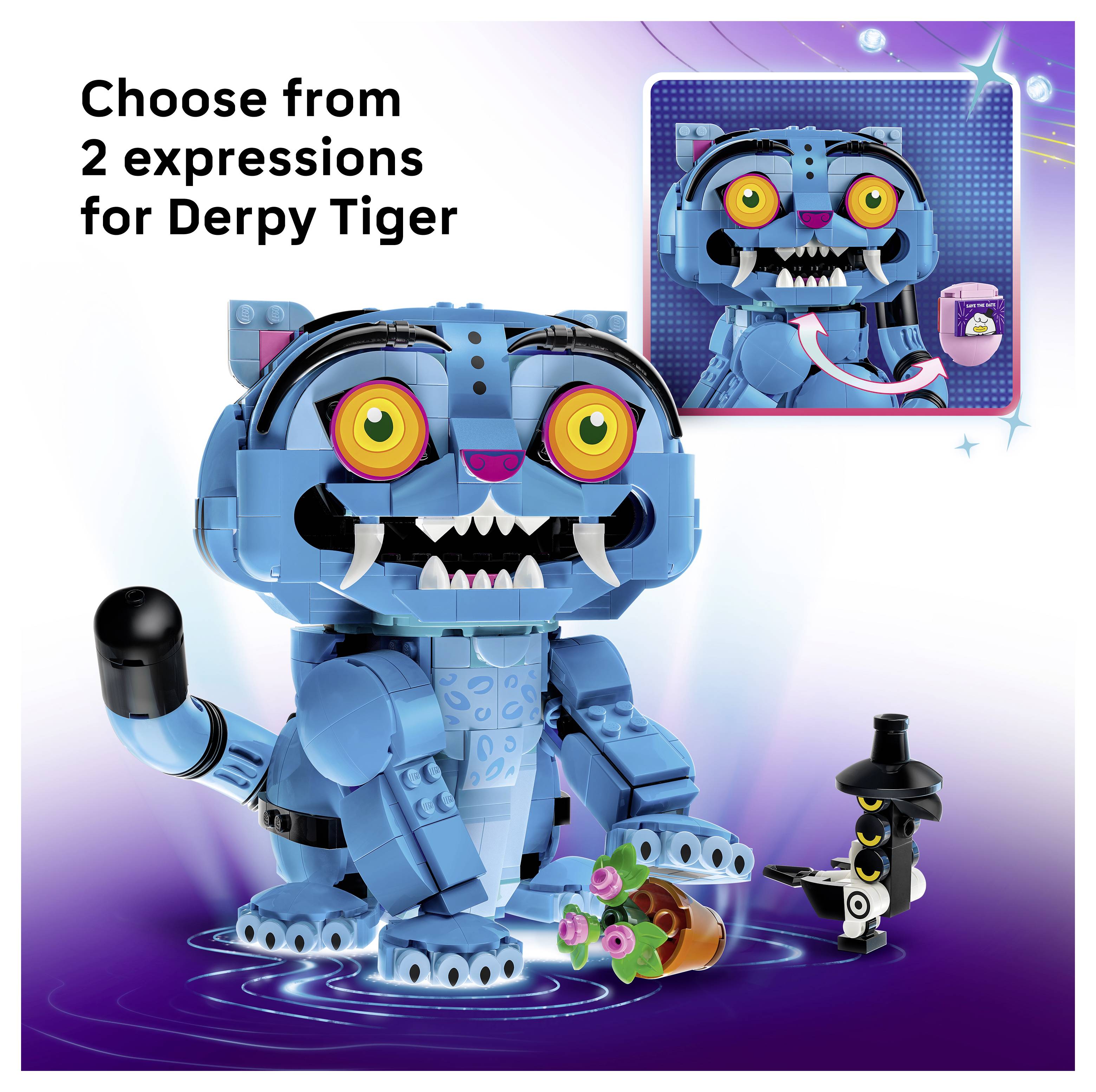 Propagační obrázek modrého robotického hračky tygra označené „Derpy Tiger" s textem „Vyberte si ze 2 výrazů"; vložený obrázek ukazuje alternativní výraz tváře a zahrnuté příslušenství.