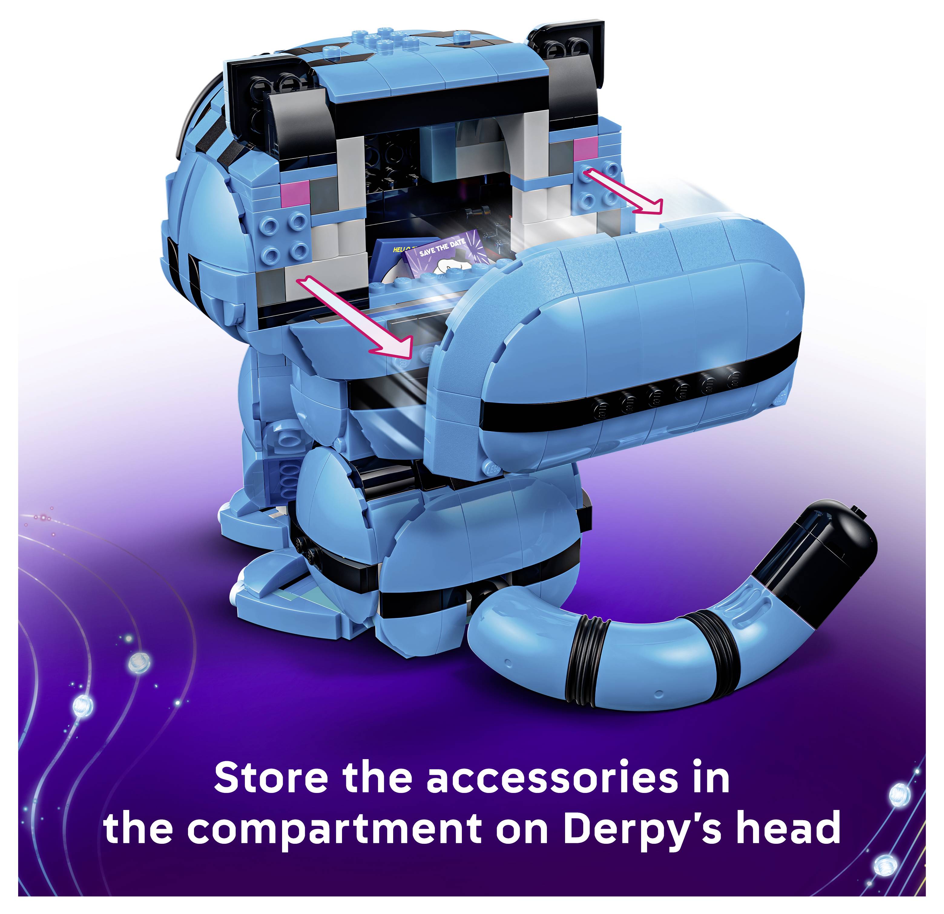 Modrá figurka podobná LEGO s postavou Derpy a otevřeným přihrádkou na hlavě, která ukazuje prostor pro uskladnění příslušenství; růžové šipky ukazují na úložný prostor s textem "Uložte příslušenství do přihrádky na hlavě postavy Derpy".
