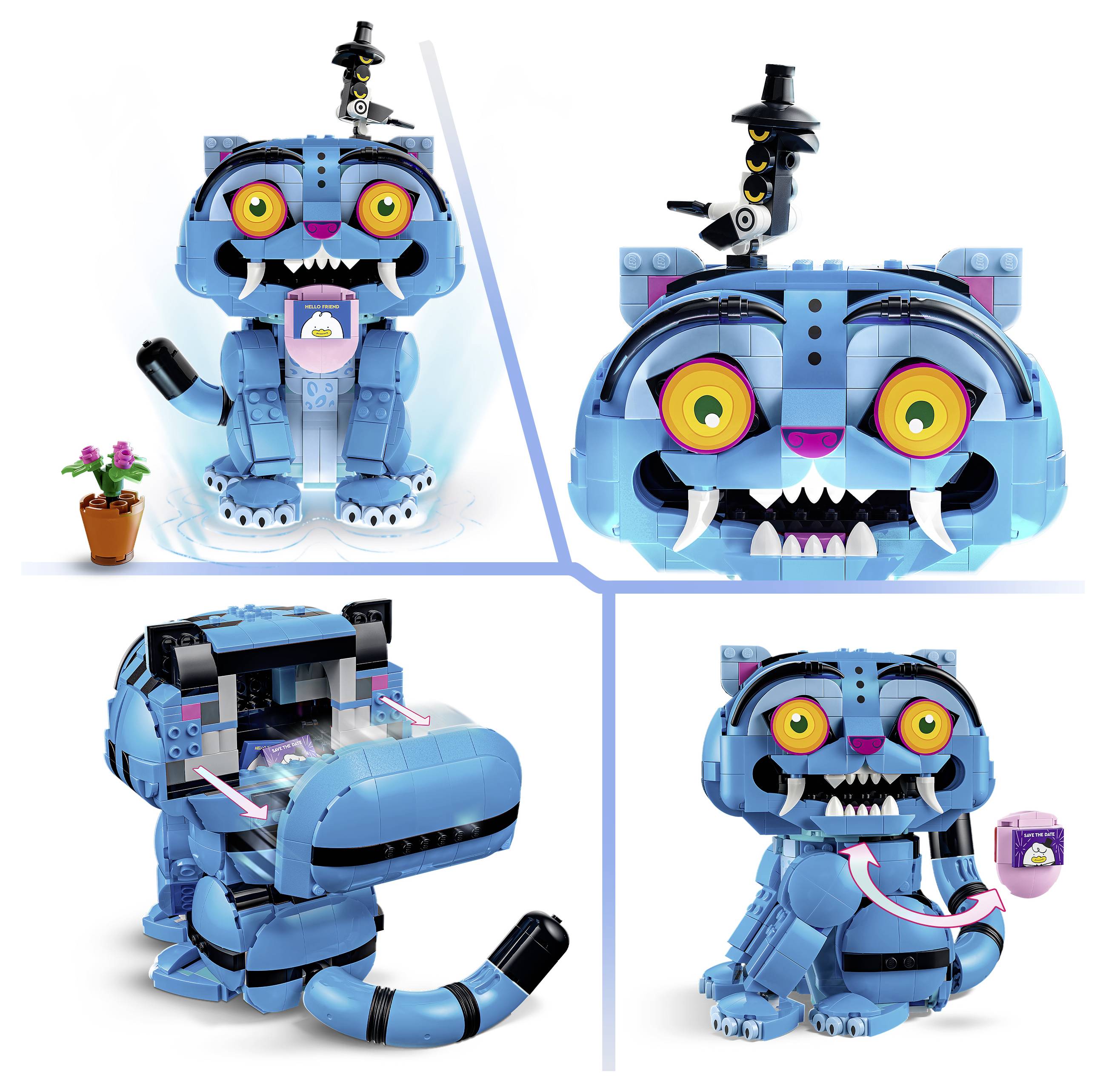 Čtyřpanelový obrázek modrého robota příšery ve stylu LEGO, zobrazující přední pohled, detailní záběr, otevřená zadní strana a herní funkce s malou krabičkou příslušenství.