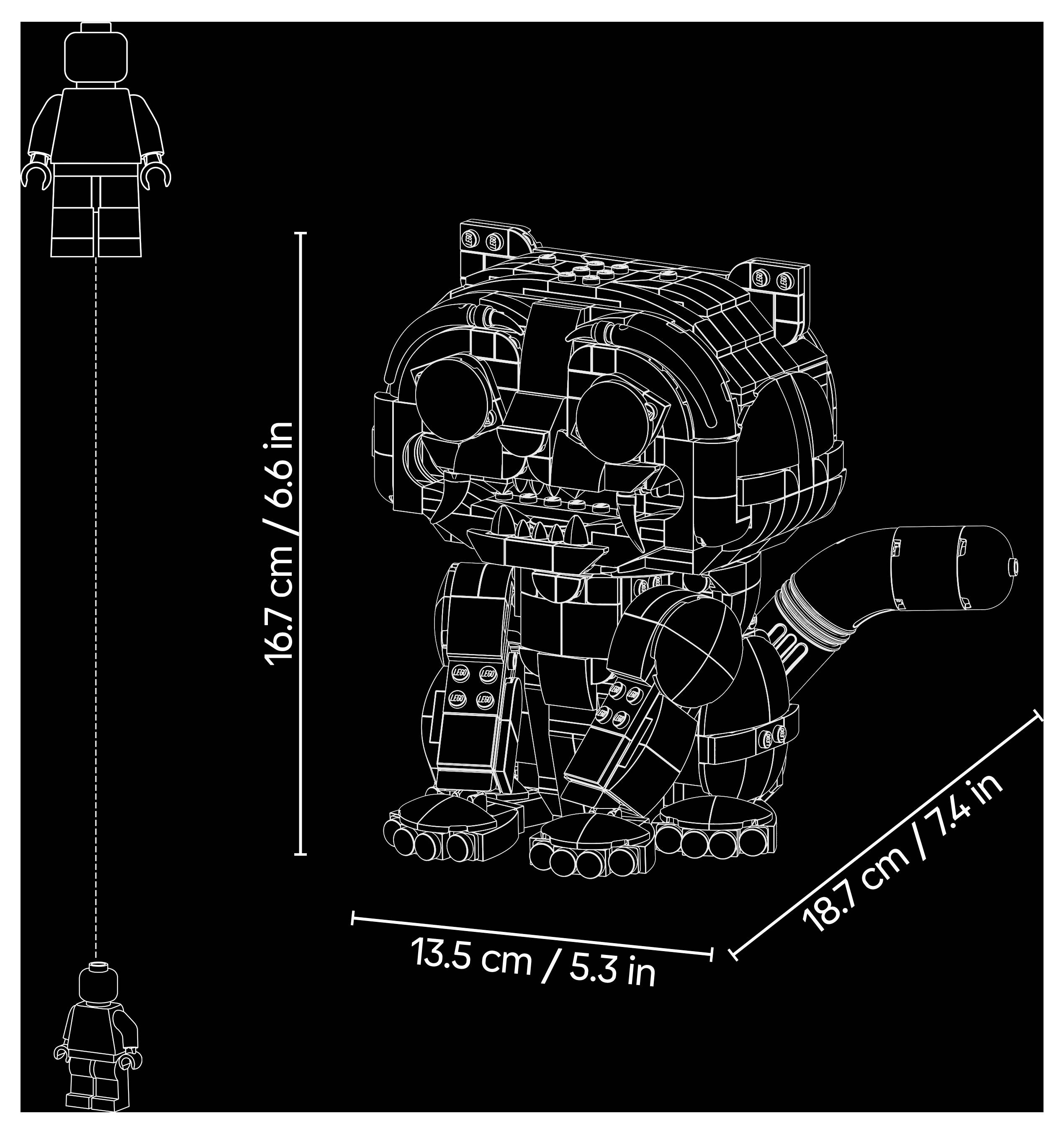 Schéma stavby v LEGO stylu blokové zvířecí podobné postavy s ocasem, které ukazuje rozměry: výška 16,7 cm, šířka 13,5 cm a hloubka 18,7 cm.