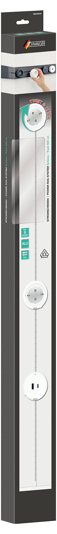 Nástěnný inteligentní zásuvkový panel s dlouhým bílým panelem, čtyřmi zásuvkami, porty USB a kulatým tlačítkem napájení, zobrazený v maloobchodním balení.