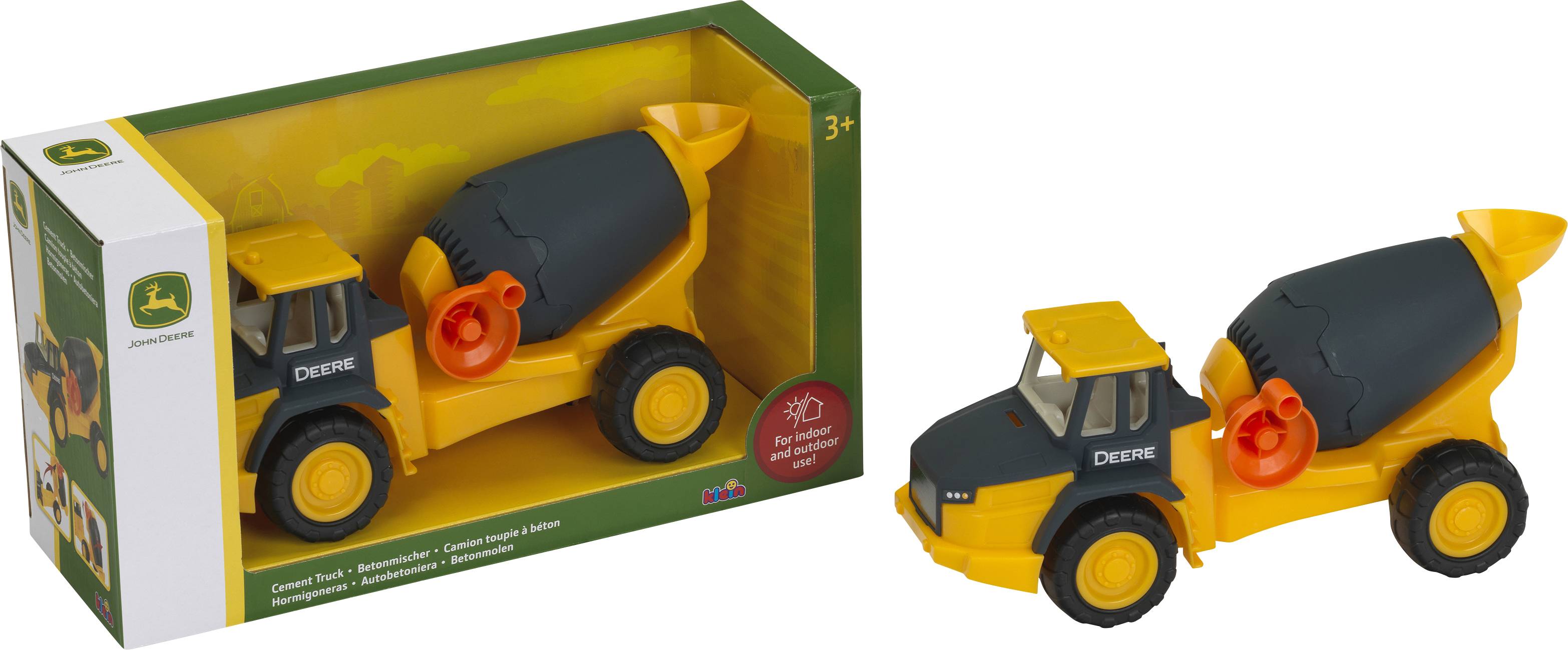 Hračka míchačka cementu John Deere zobrazená v krabici, s odděleným pohledem na žluto-černý vozidlo mimo balení.