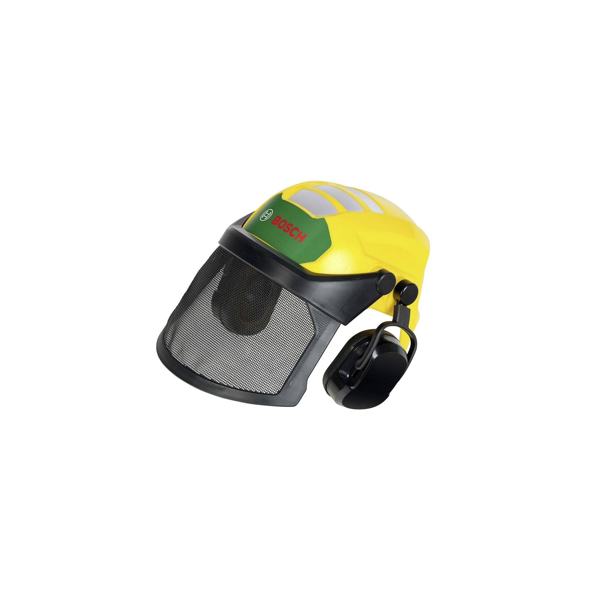 Žlutá bezpečnostní přilba Bosch určená pro práce v lesnictví s obličejovým štítem a sluchátky na bílém pozadí