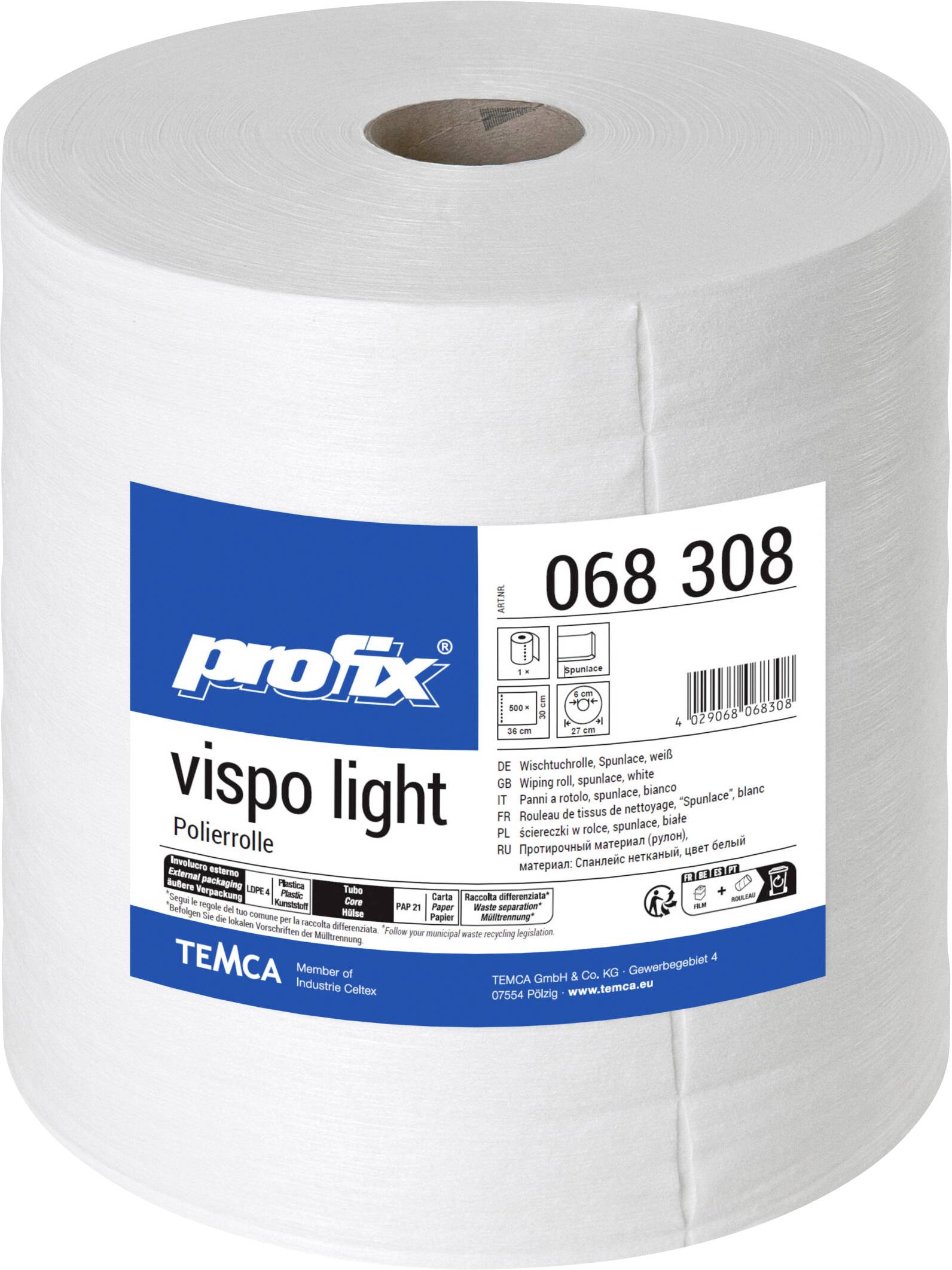 Velký bílý průmyslový papírový balíček se štítkem "profix vispo light" a čárovým kódem, zobrazený na jednoduchém pozadí.