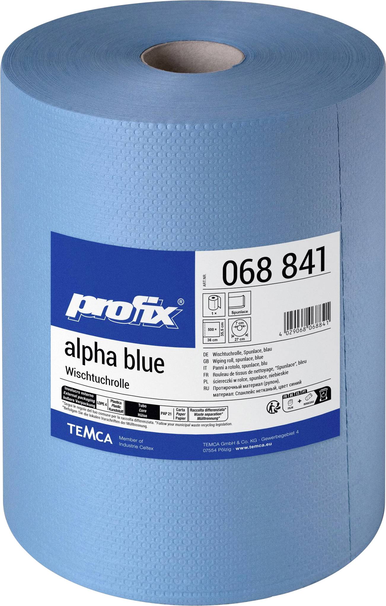 Modrá role průmyslových utěrek Profix "alpha blue", označená TEMCA a 068 841, zobrazená jako balení produktu.