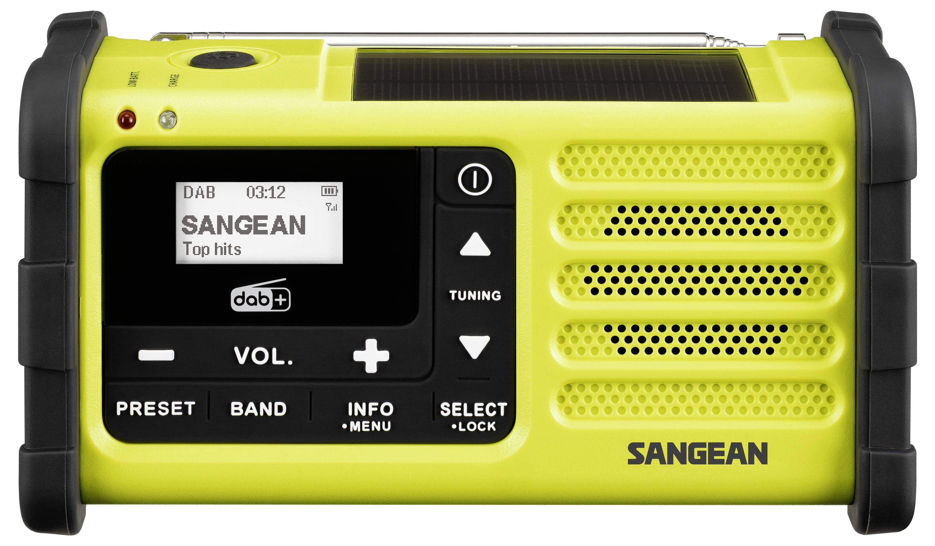 Žlutý přenosný digitální rádio Sangean s černými koncovkami, reproduktorem, LCD displejem, ovládáním ladění a hlasitosti na přední straně.