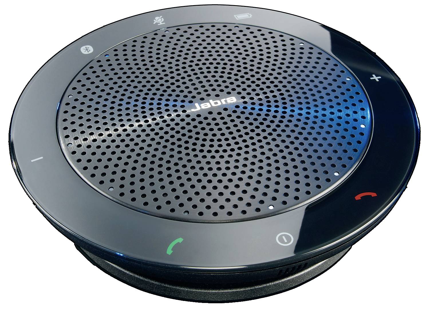 Jabra konferenční reproduktor s ovládáním volání, tlačítky zvýšení/snížení hlasitosti a Bluetooth tlačítky na kulatém stolním zařízení.