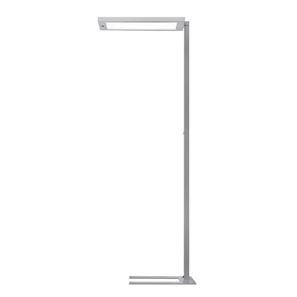 Minimalistická šedá stojací lampa s horizontálním obdélníkovým světelným tělesem na vysokém svislém podstavci.