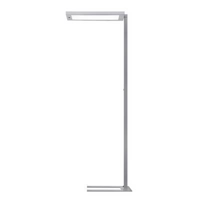 Minimalistická šedá stojací lampa s horizontálním obdélníkovým světelným tělesem na vysokém svislém podstavci.