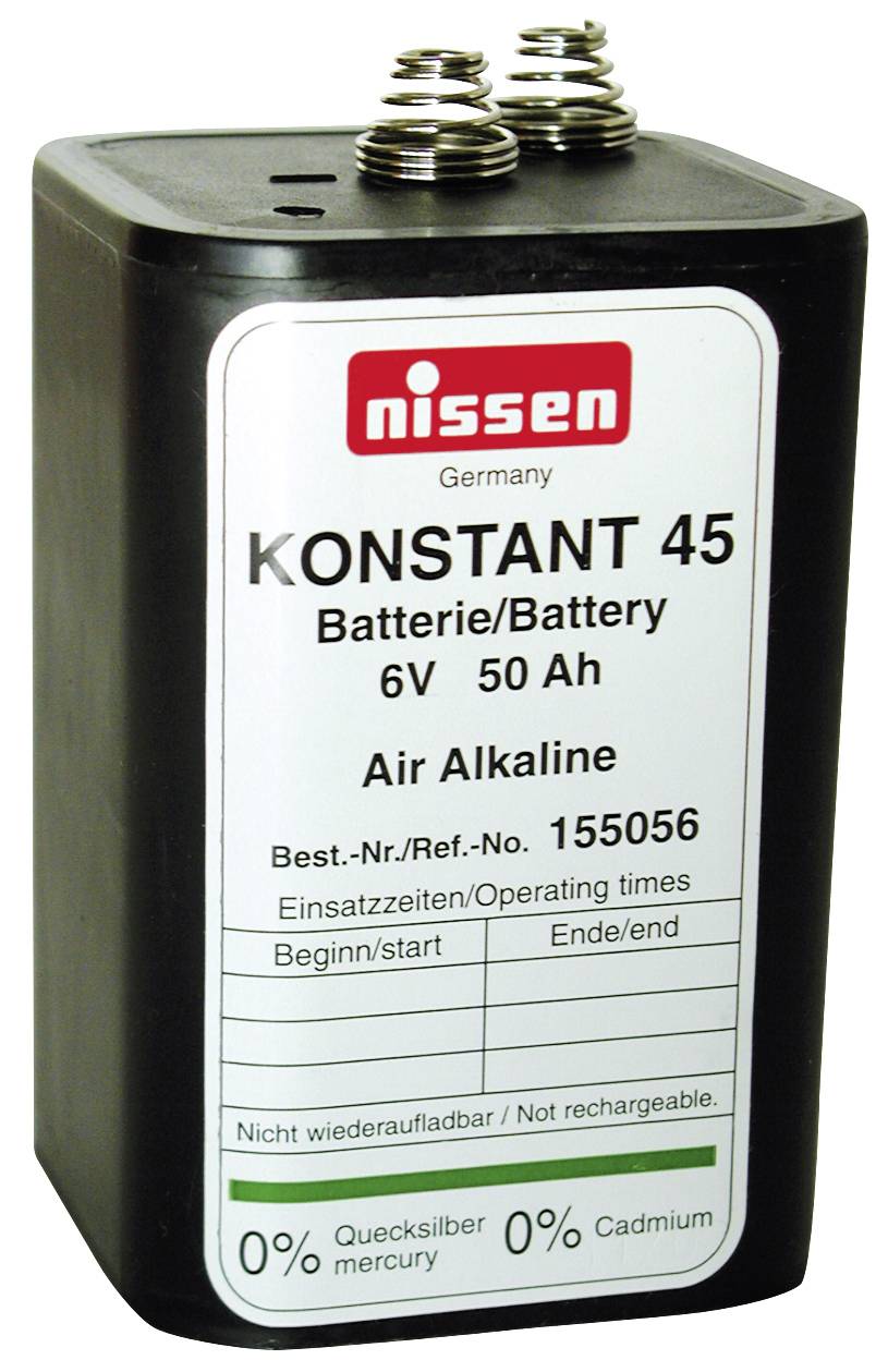 Černá baterie Nissen Konstant 45 6V 50Ah, vzdušná alkalická s kovovými kontakty a štítkem s textem "Není nabíjecí" a 0% rtuti/kadmia