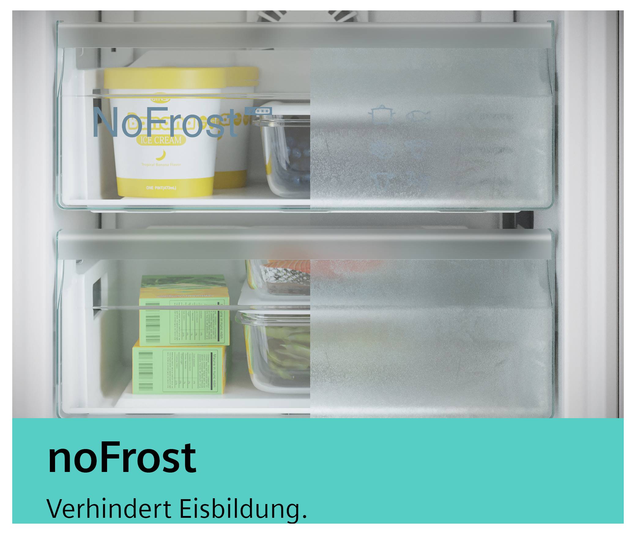 Otevřete zásuvky chladničky se štítkem "NoFrost"; německý text říká "zabraňuje tvorbě námrazy", což ukazuje skladování bez námrazy.