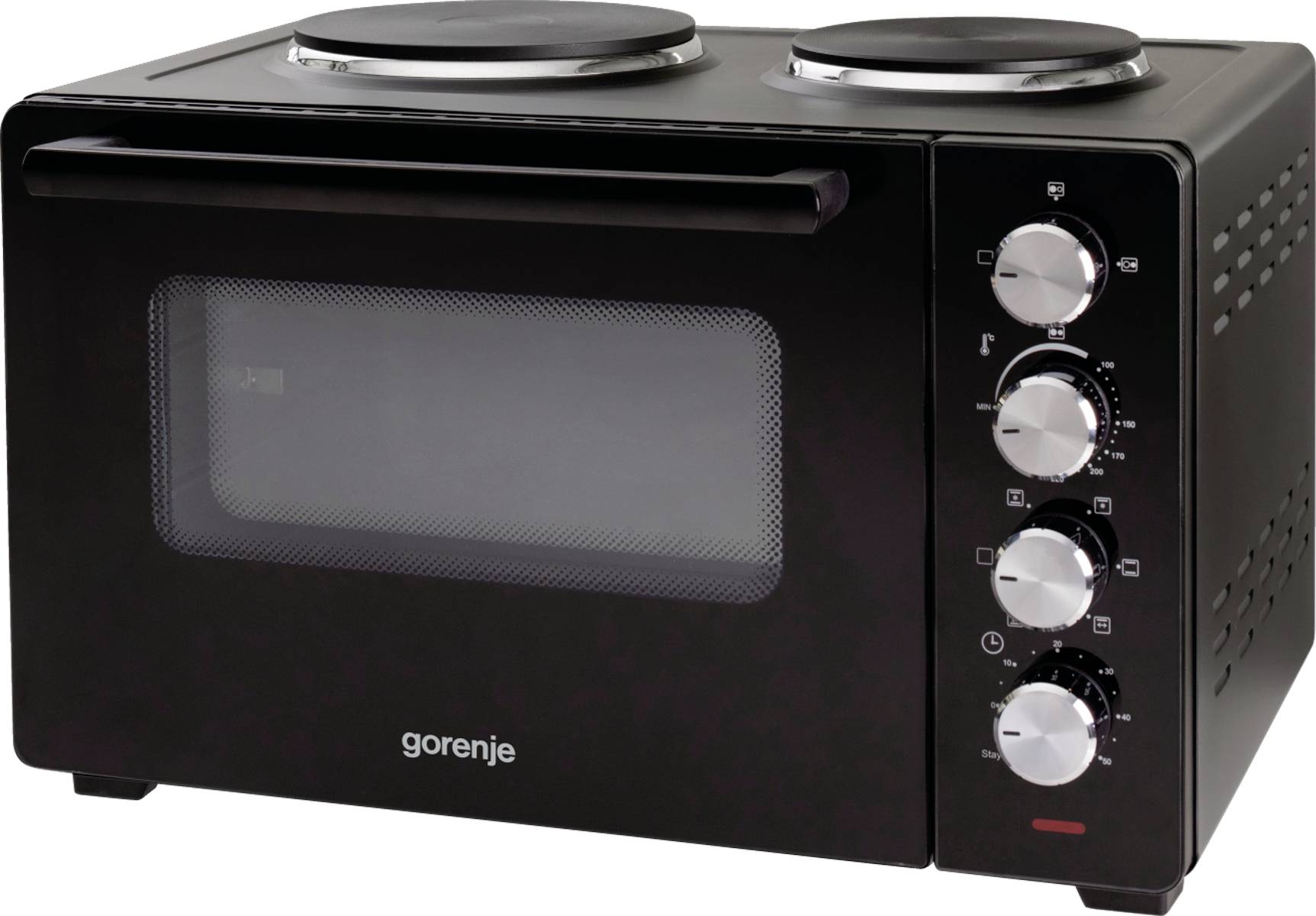 Černá mikrovlnná trouba Gorenje na pracovní desku s dvěma vařiči nahoře a čtyřmi ovládacími knoflíky na pravé straně.