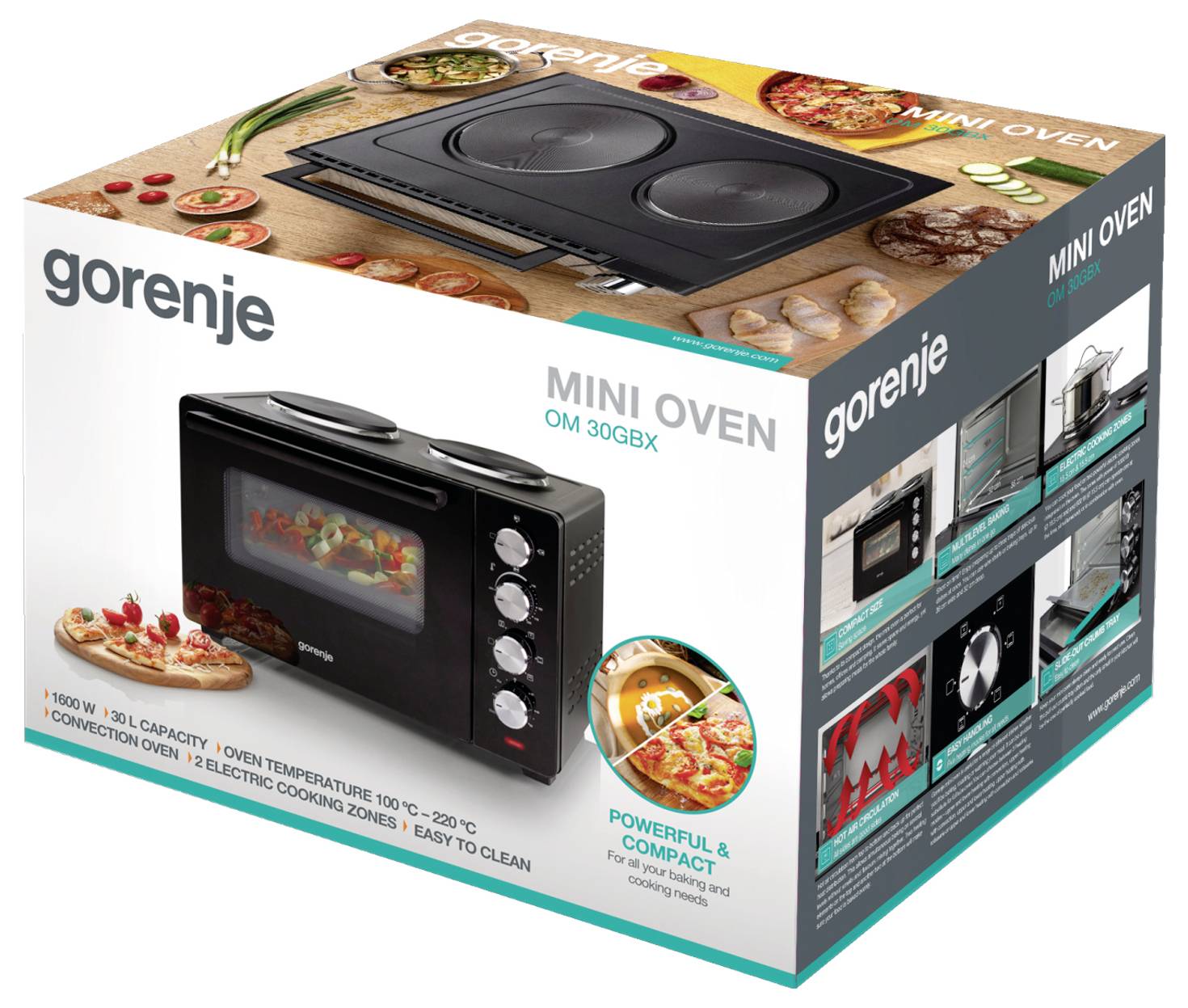 Produktová krabice pro mini troubu Gorenje, která zobrazuje troubu, model OM 30GBX, a hlavní vlastnosti, jako je 1500 W, kapacita 30 L, konvekce a teplotní rozsah 100–250°C.