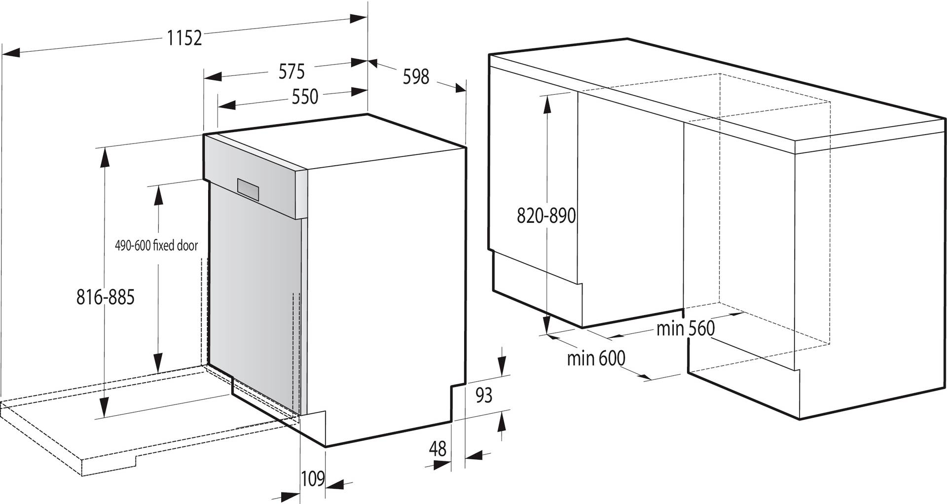 Diagram znázorňující instalaci chladičky s rozměry: 1152 šířka, 575/550 otvor skříně, 598 hloubka, 816-885 a 490-600 pevné výšky dveří, a minimální vůle 560, 600, 93, 48, 109.