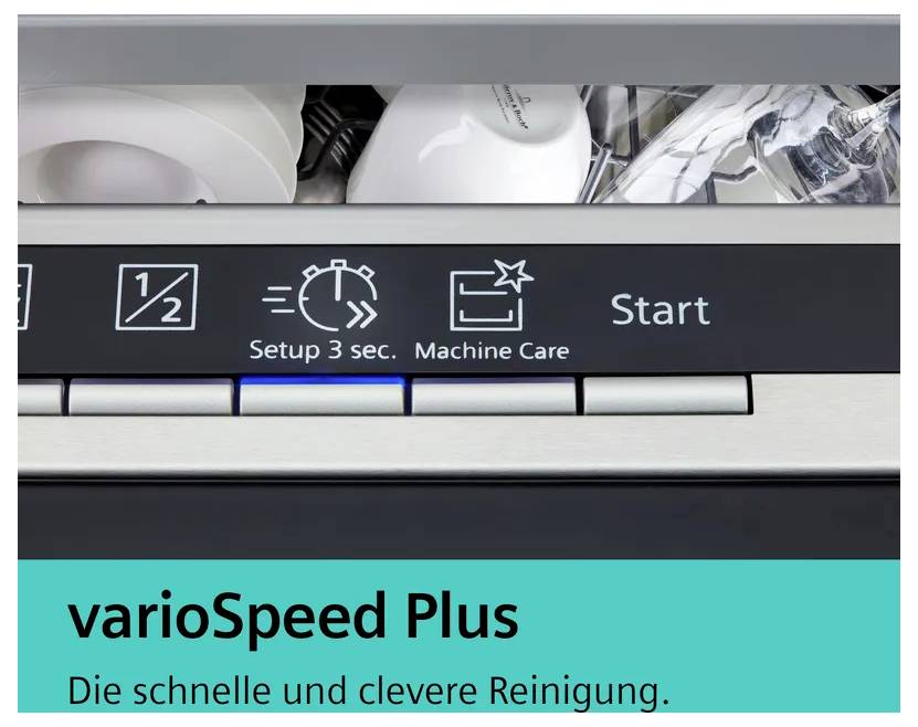 Detailní pohled na ovládací panel myčky Bosch zobrazující tlačítka 'varioSpeed Plus', 'Setup 3 sec.', 'Machine Care' a 'Start'.