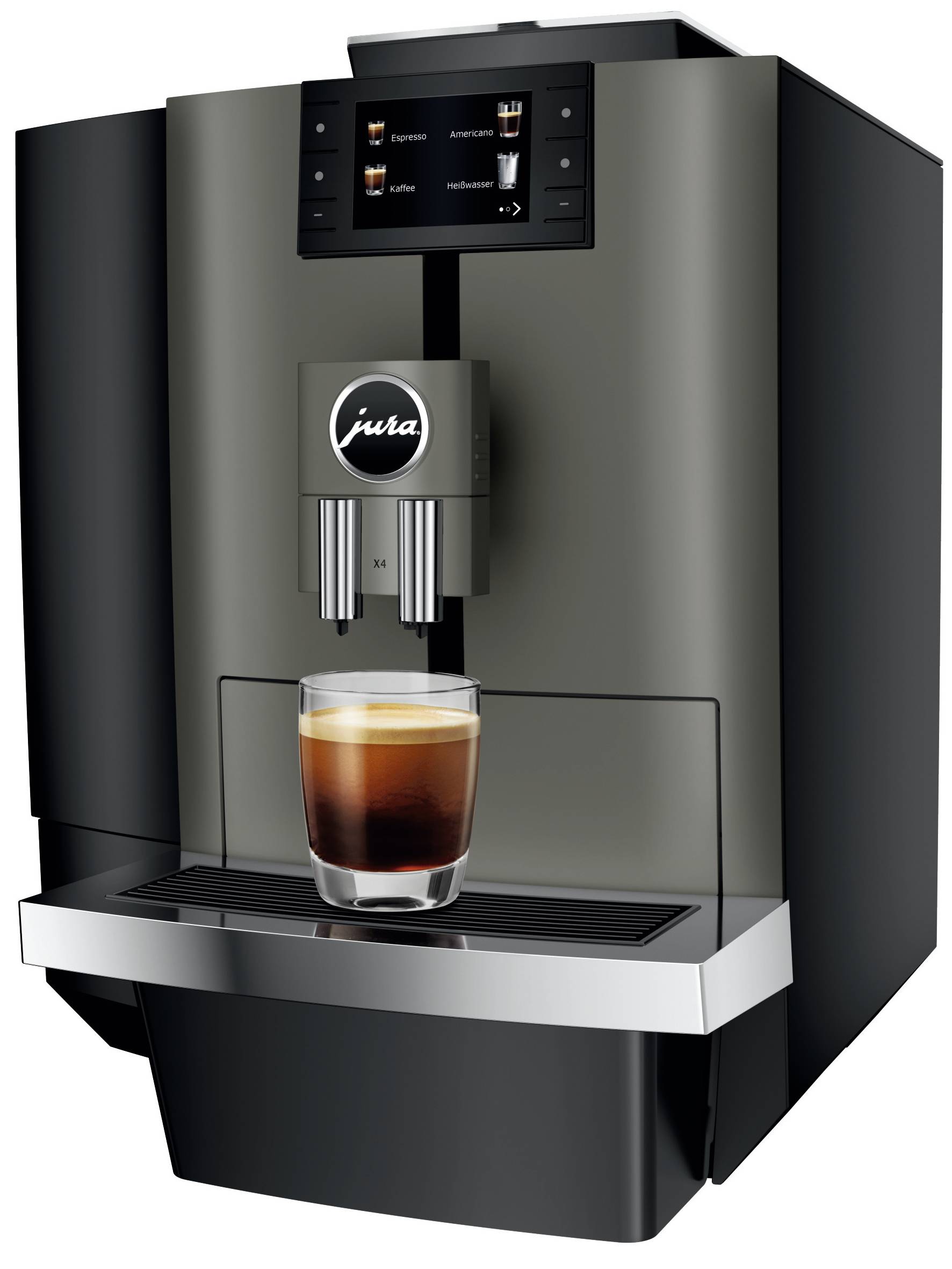 Jura automatický espresso stroj nalévající kávu do sklenice na odkapávací tác.
