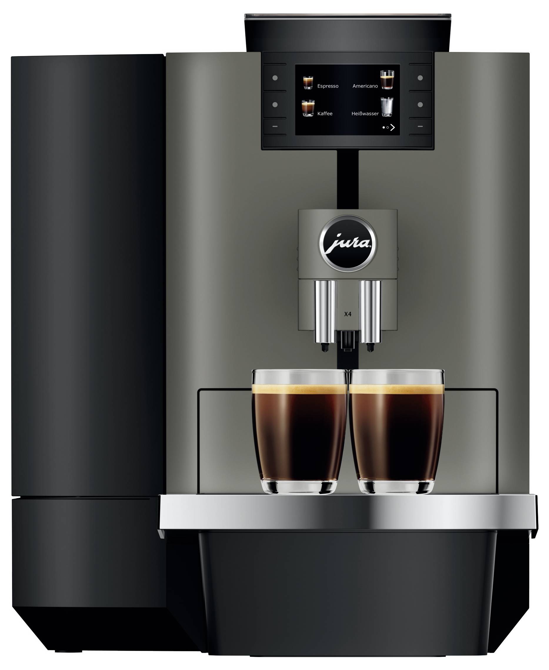 Jura automatický espresso stroj čepující kávu do dvou sklenic na odkapávací tác, s digitální ovládací obrazovkou nad výstupem.