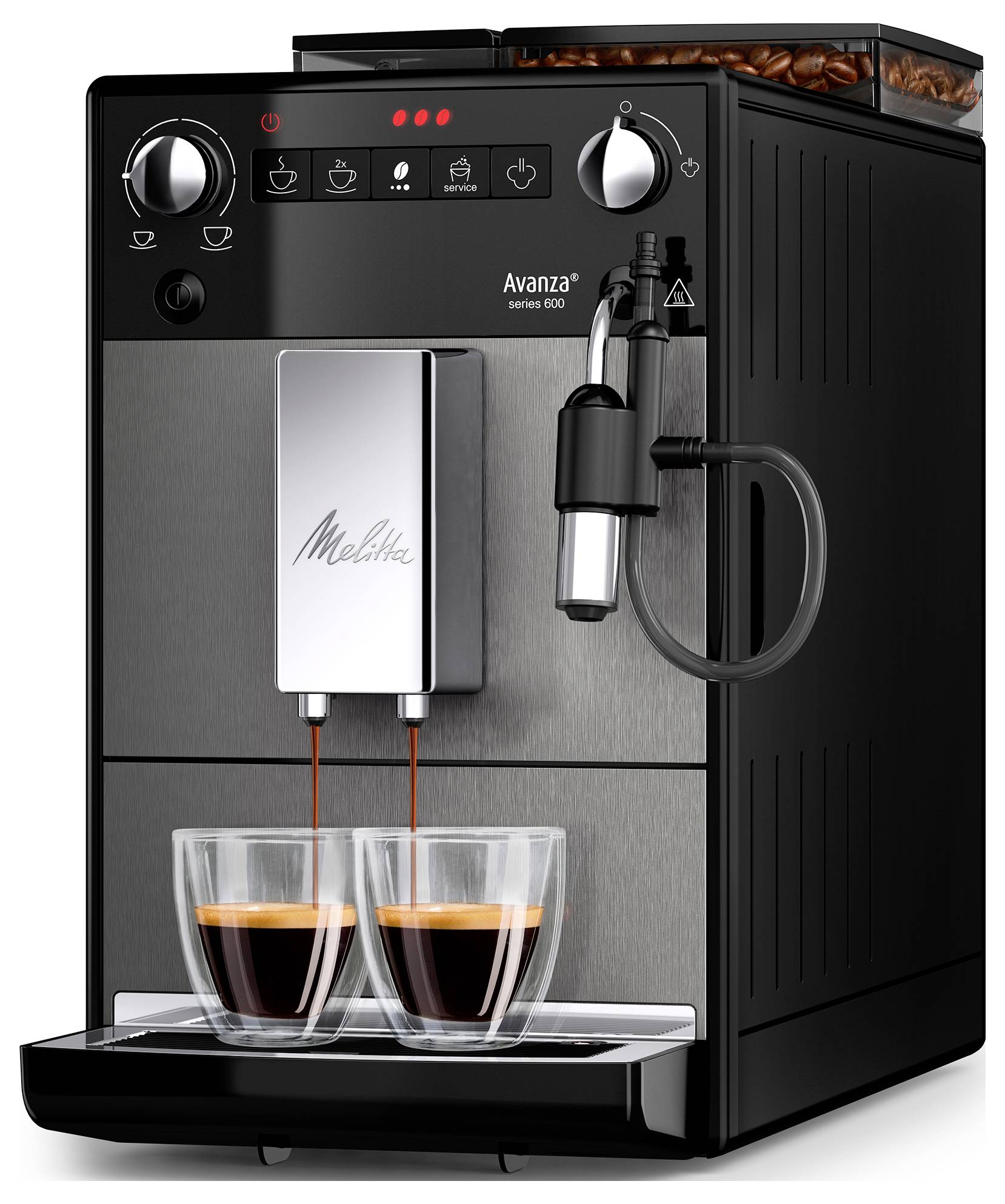 Černý espresso stroj Melitta Avanza Series 600 připravuje dva šálky, s připojeným zásobníkem na zrna a penilkou na mléko