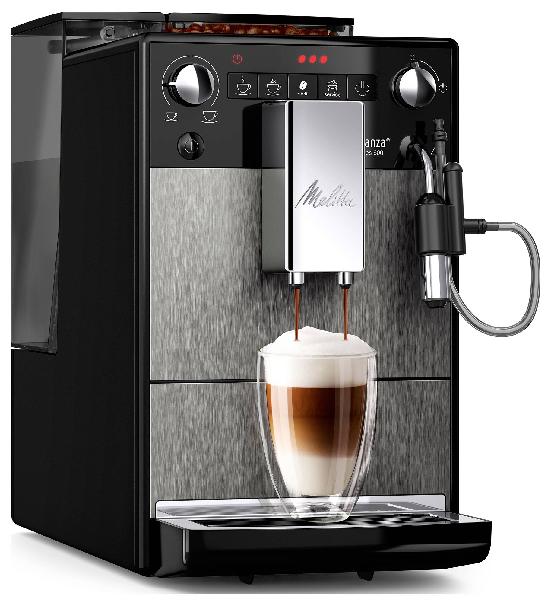 Automatický espresso stroj, který čepuje kávu do sklenice, s párou na pravé straně a viditelným ovládacím panelem vpředu.