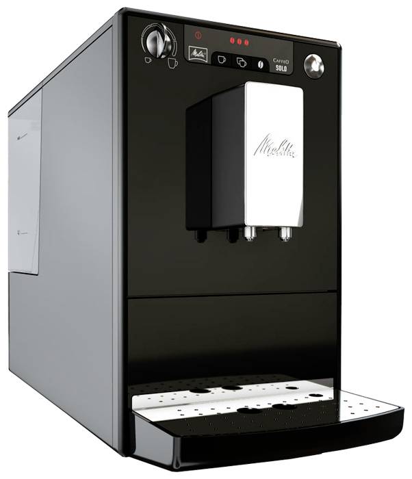 Černý kávový automat s přední zásuvkou, tácem na šálky, ovládacím panelem a značkou "Miele".