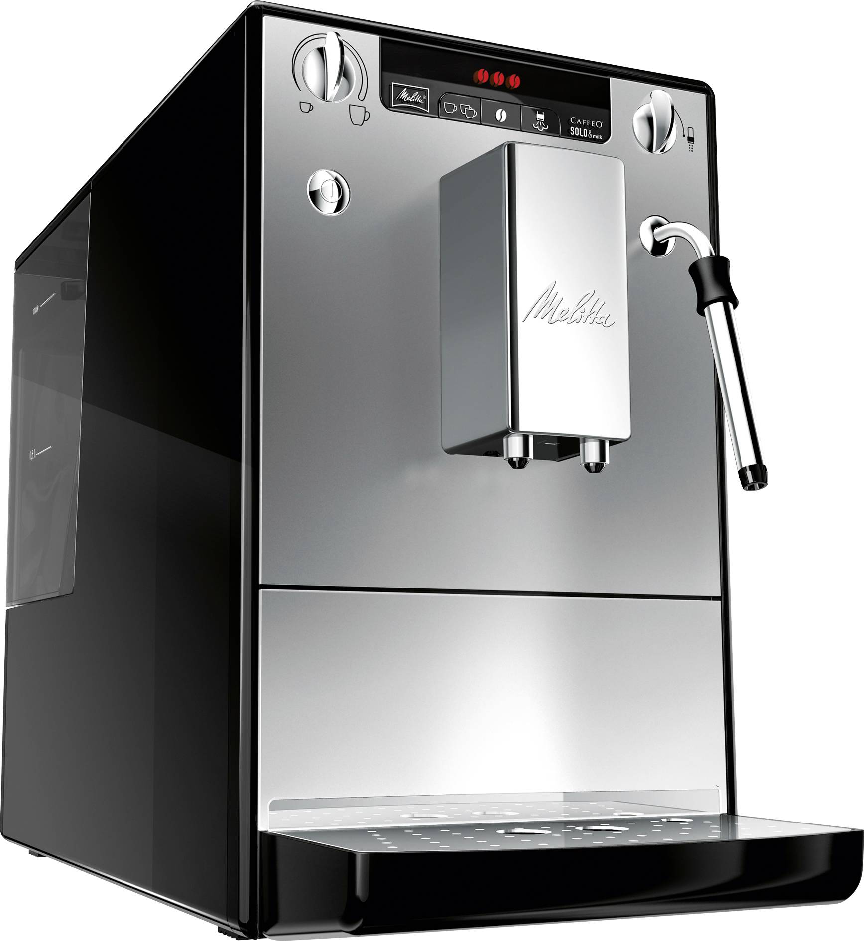 Nerezový espresso stroj s ovládacím panelem, parní hubicí a odkapovou mísou na přípravu kávových nápojů.
