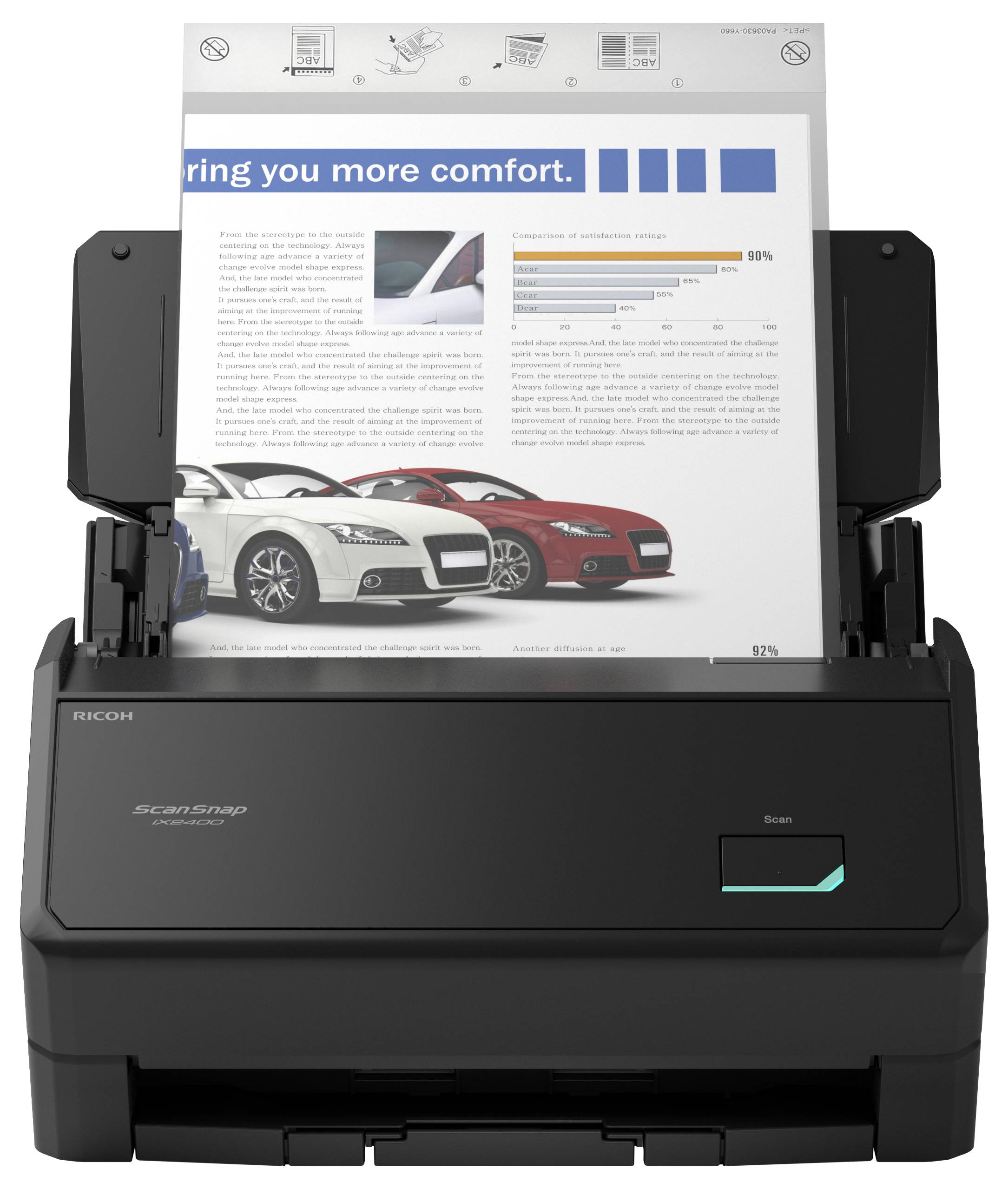 Černý skener dokumentů Ricoh ScanSnap se stránkou nalouženou v podavači, zobrazující brožuru o automobilech a pohodě.