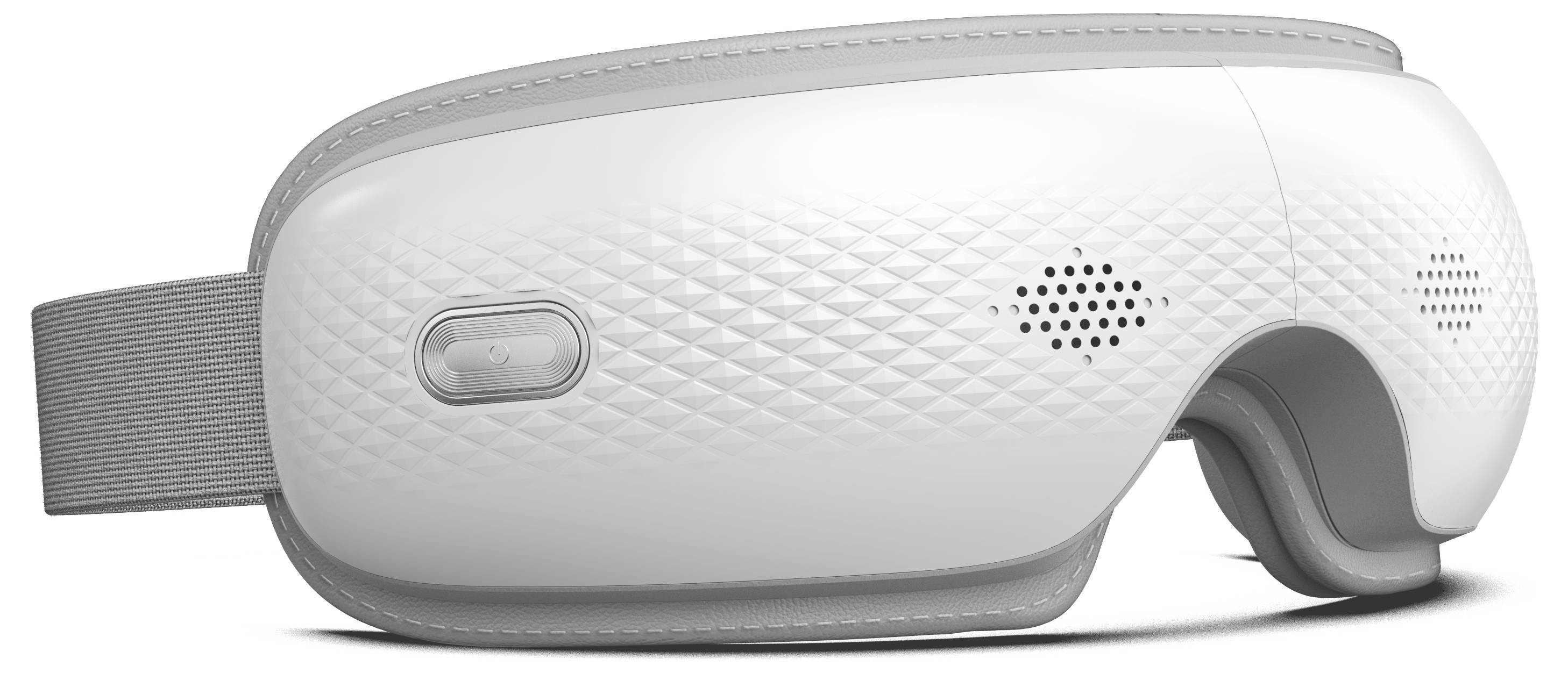Bílý strukturovaný VR headset s šedým páskem, zobrazen v bočním pohledu na prostém pozadí.