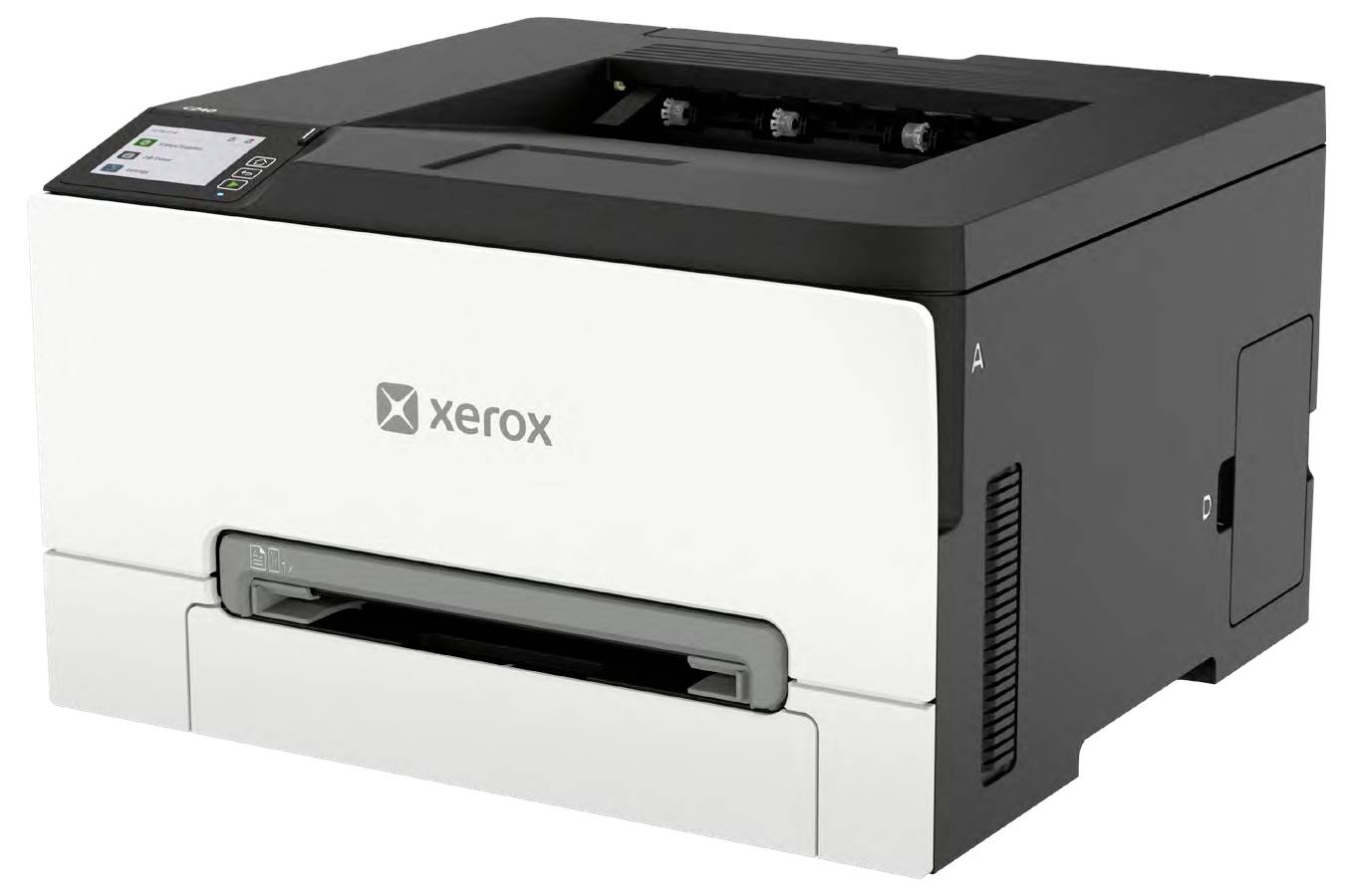 Laserová tiskárna Xerox pro kancelář zobrazená v tříčtvrtinovém pohledu s viditelným ovládacím panelem, zásobníkem výstupu papíru a přední zásuvkou na papír na bílém pozadí.