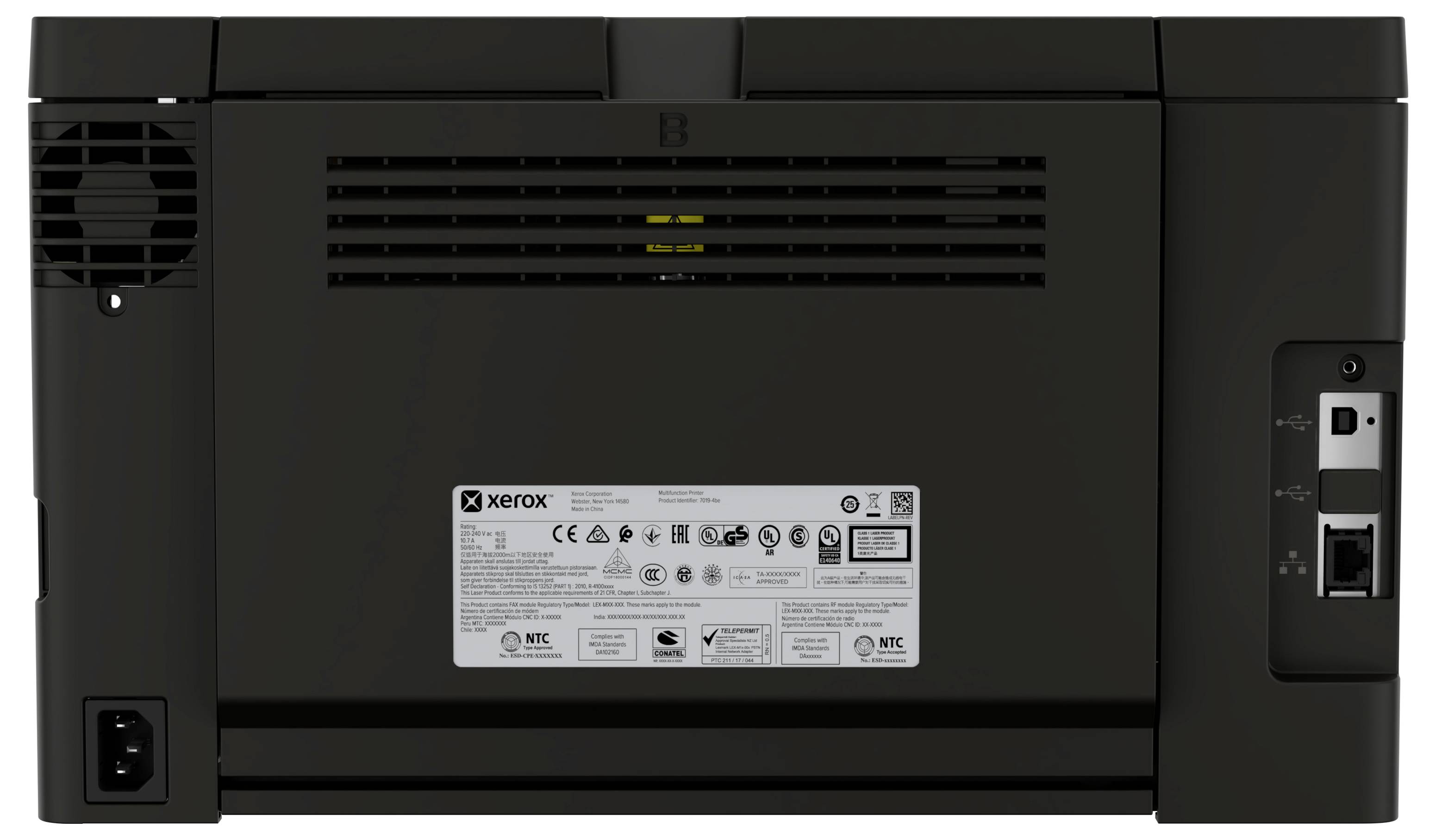 Zadní pohled na tiskárnu Xerox ukazující ventilační štěrbiny, zásuvku napájení a porty sítě/USB s etiketou produktu.