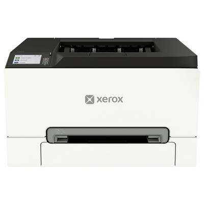 Přední pohled na tiskárnu Xerox s ovládacím panelem vlevo nahoře a štěrbinou pro výstup papíru uprostřed přední strany.
