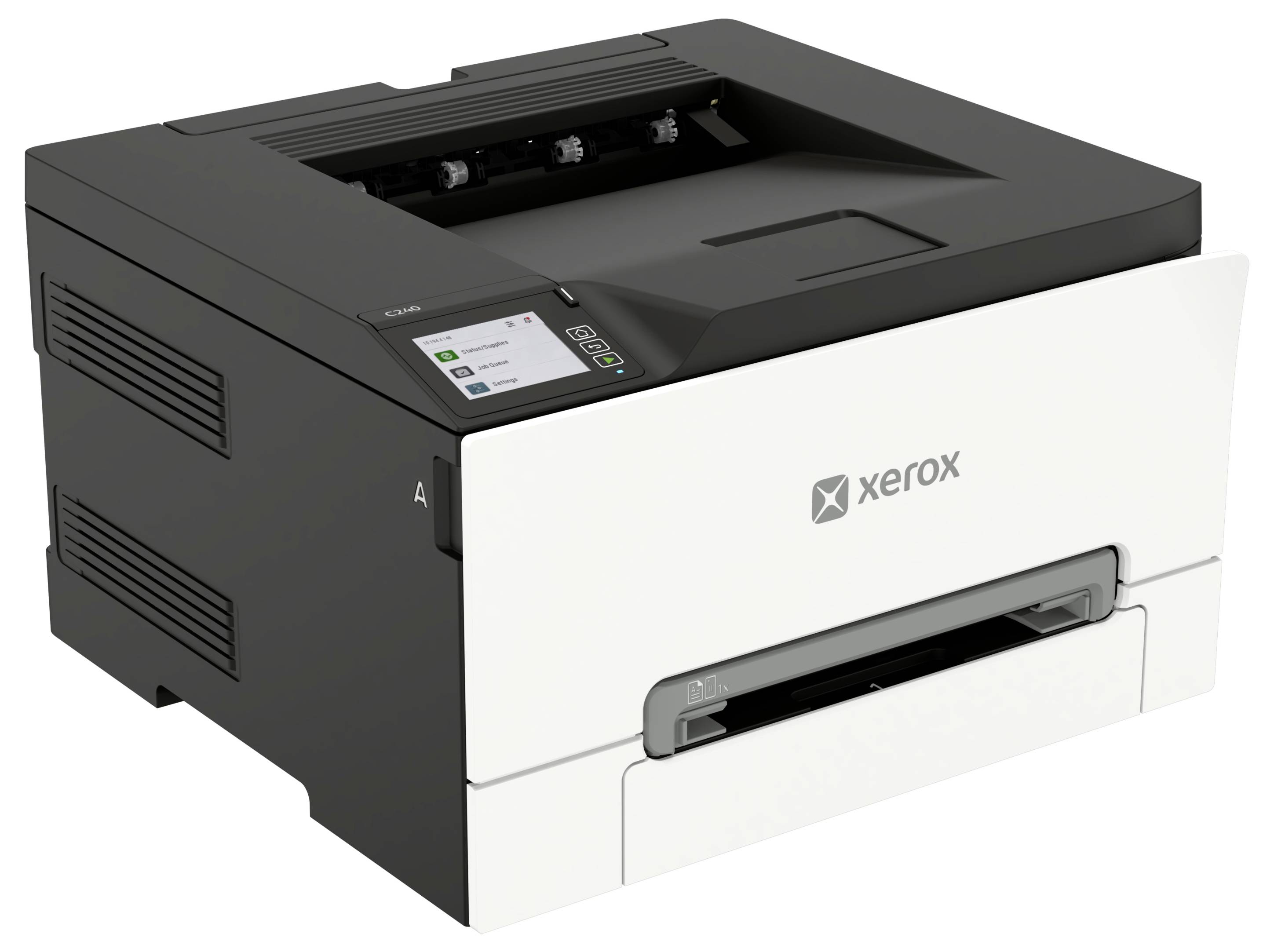 Xeroxská stolní laserová tiskárna s černobílým tělesem, přední štěrbinou pro výstup papíru a ovládacím panelem, zobrazena ve tříčtvrtinném pohledu.