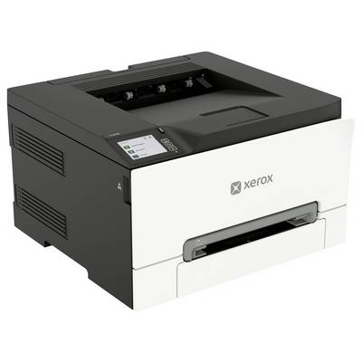 Xeroxská stolní laserová tiskárna s černobílým tělesem, přední štěrbinou pro výstup papíru a ovládacím panelem, zobrazena ve tříčtvrtinném pohledu.