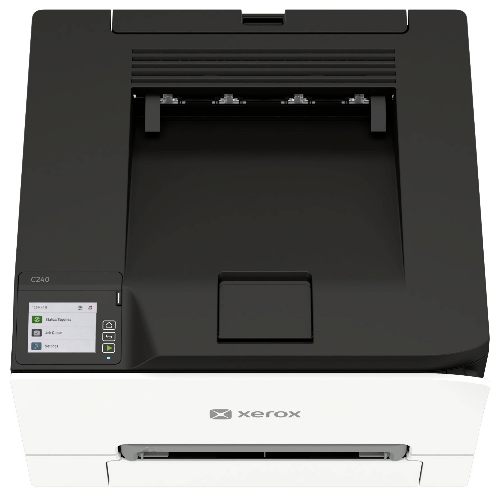 Přední pohled na tiskárnu Xerox C240 s černým horním dílem a bílým spodním tělem, znázorňující ovládací panel a výstupní zásobník papíru.
