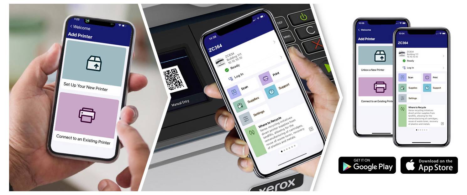 Propagační koláž zobrazující mobilní tiskárnu Xerox na chytrých telefonech: přidání tiskárny, nastavení nové tiskárny, připojení k existující tiskárně a domovský panel; níže se zobrazují odznaky pro stažení z Google Play a App Store.