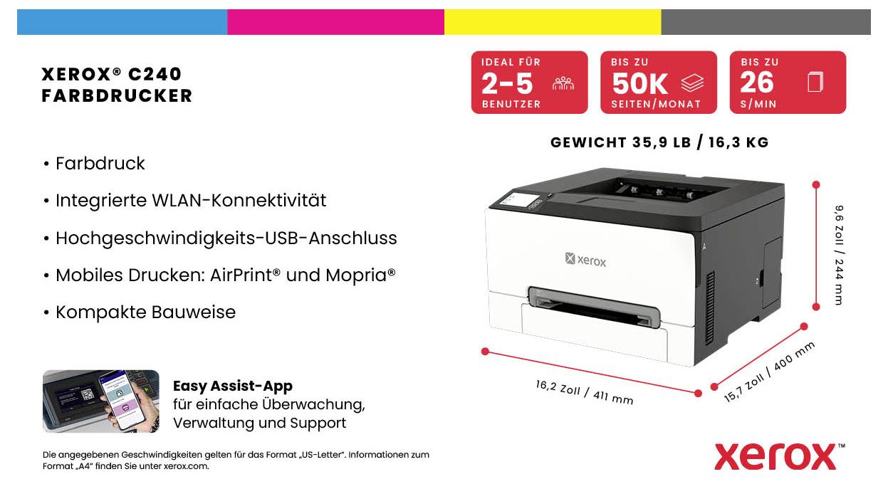 Xerox C240 barevná tiskárna - inzerát zobrazující funkce: barevný tisk, integrovaná Wi‑Fi, vysokorychlostní USB, AirPrint a Mopria, kompaktní design; doporučeno pro 2–5 uživatelů, 50K stran/měsíc, 26 str./min.