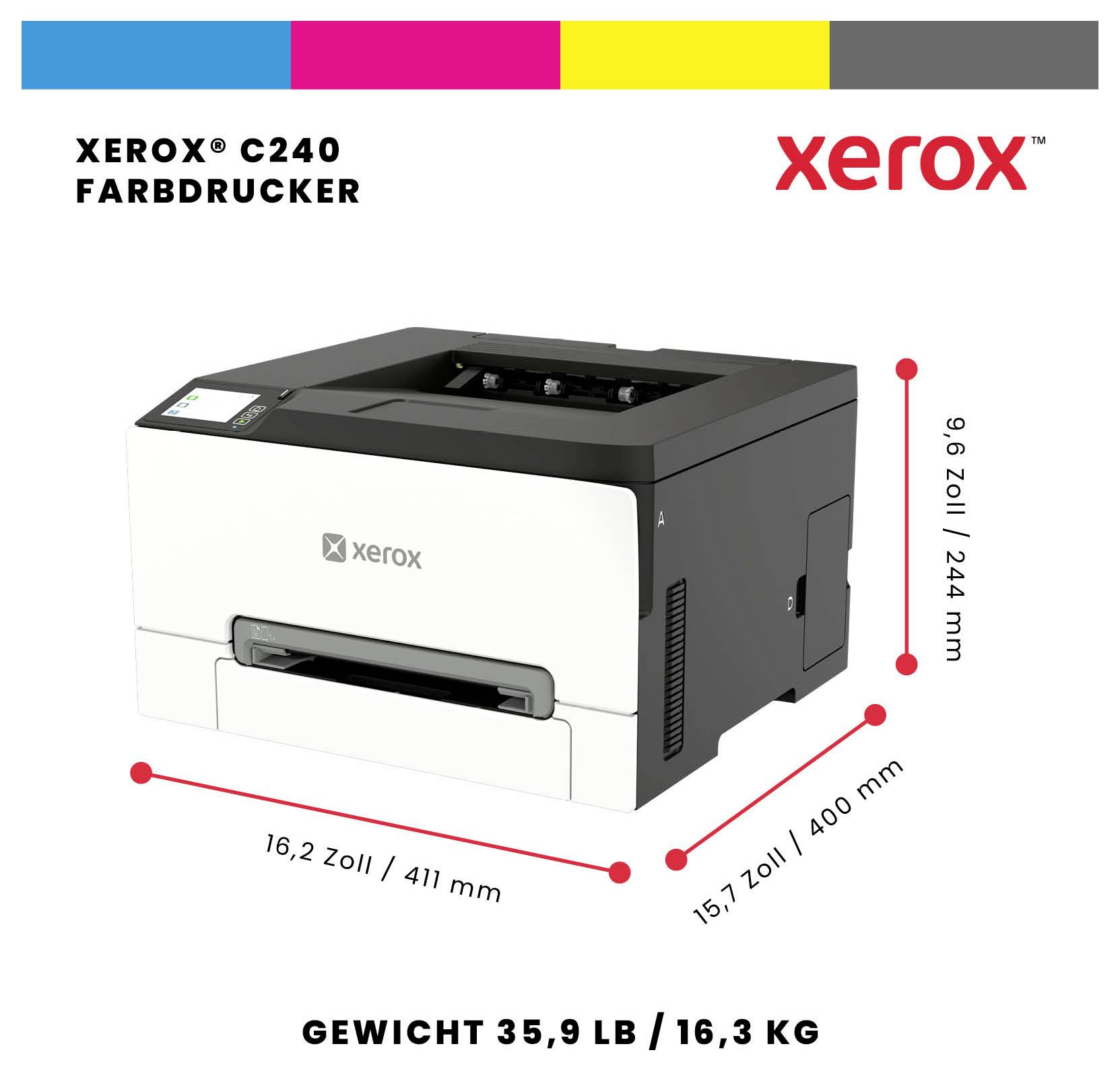 Produktový obrázek barevné tiskárny Xerox C240 s vyznačenými rozměry: 16,2 x 15,7 x 9,6 palce, váha 35,9 lb.