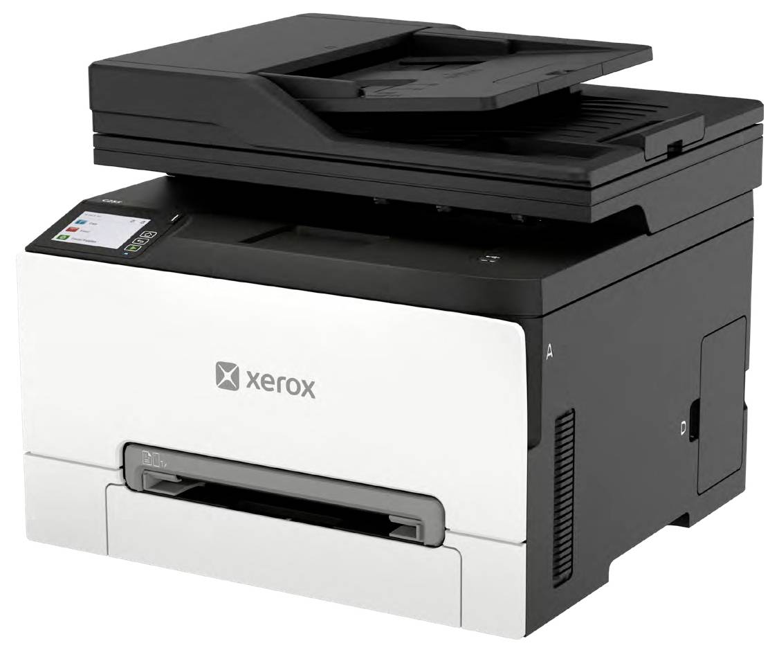 Černá multifunkční tiskárna Xerox se skenerem a kopírkou, zobrazená na bílém pozadí.