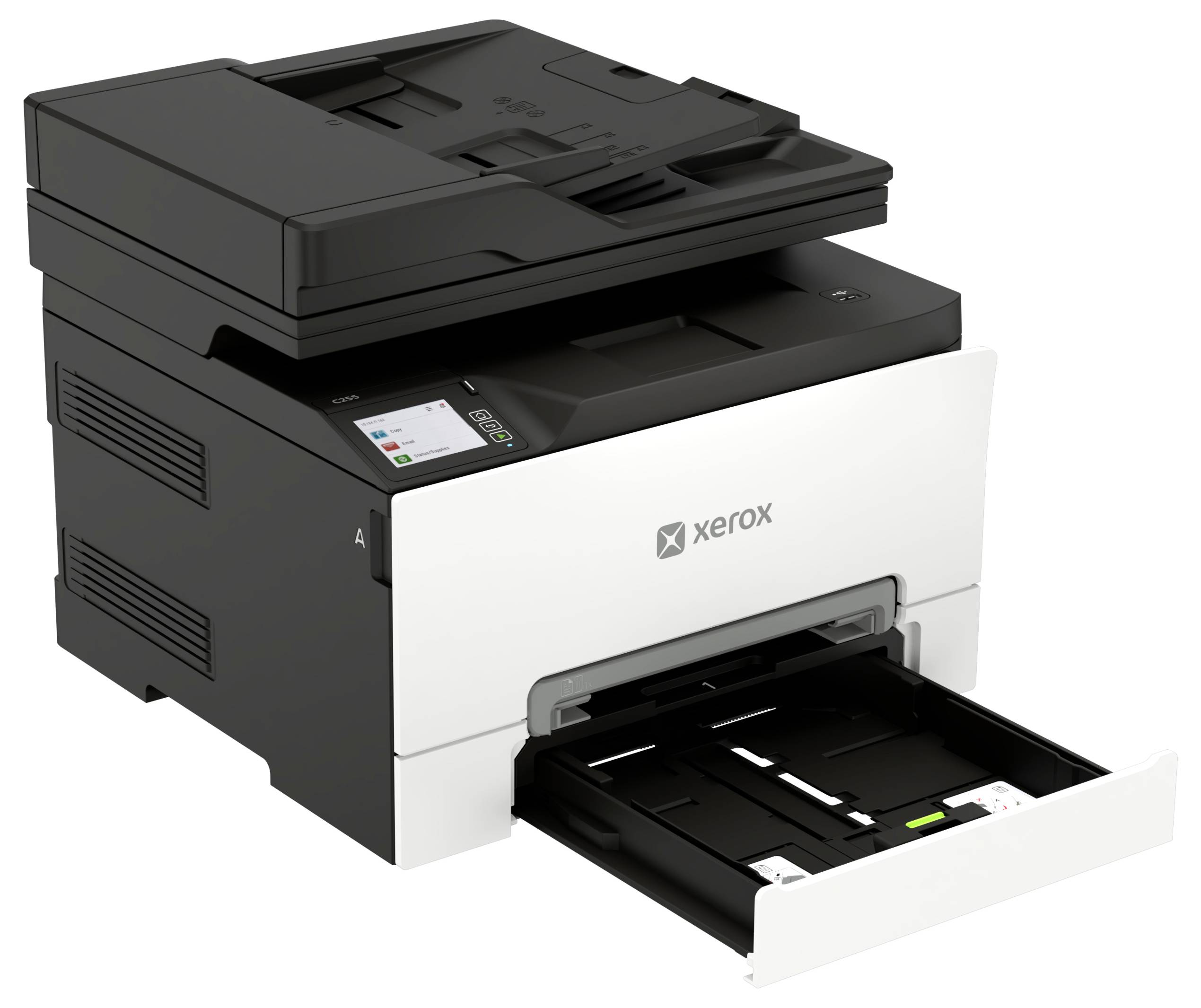 Xerox multifunkční tiskárna s otevřenou zásobníkem papíru a dotykovým ovládacím panelem, zobrazena na bílém pozadí.